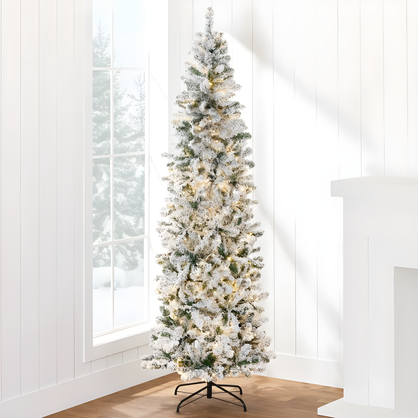 9ft White Snow Flocked Pre-Lit Pencil Christmas Tree