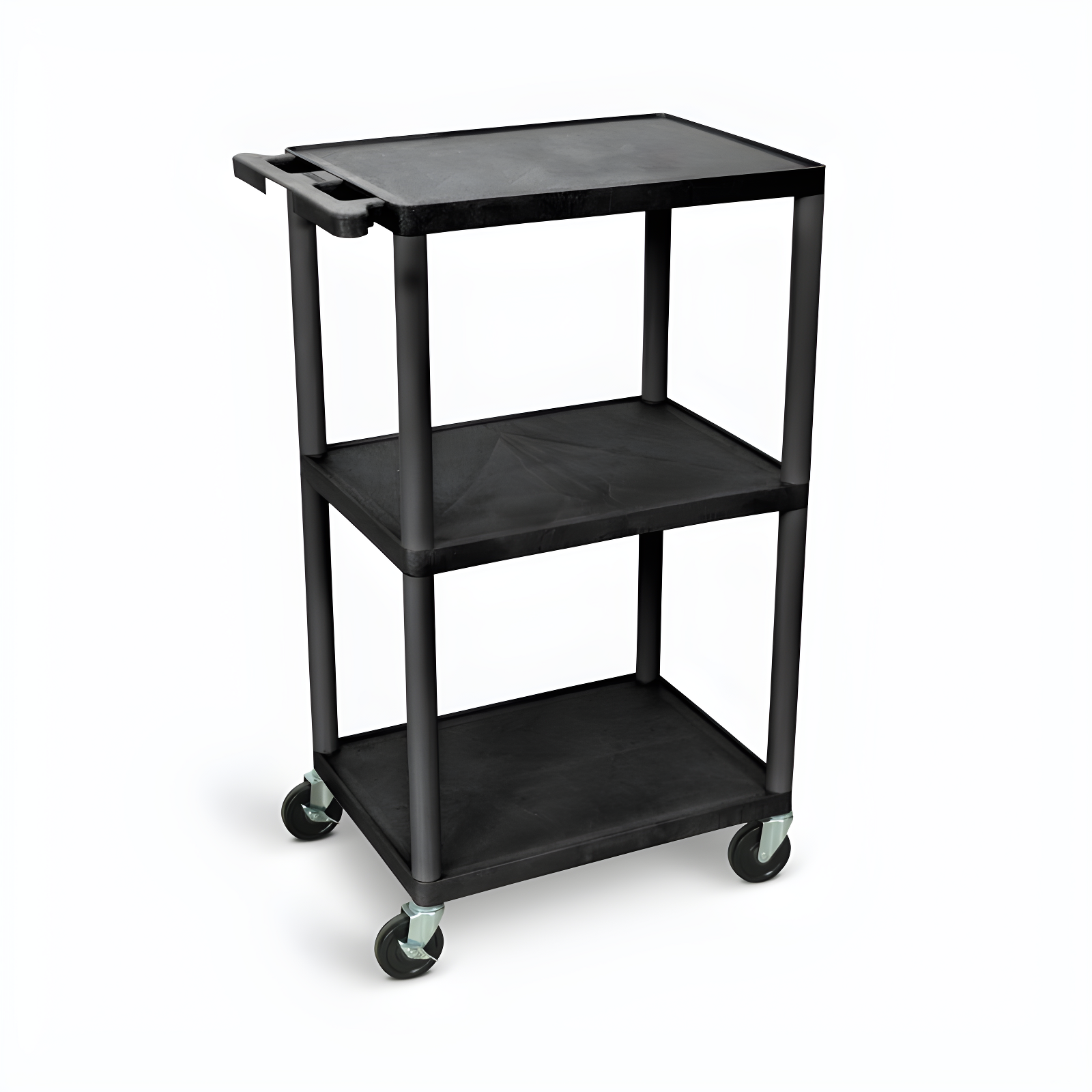 Luxor Black 42" 3-Shelf Plastic AV Cart with Outlets