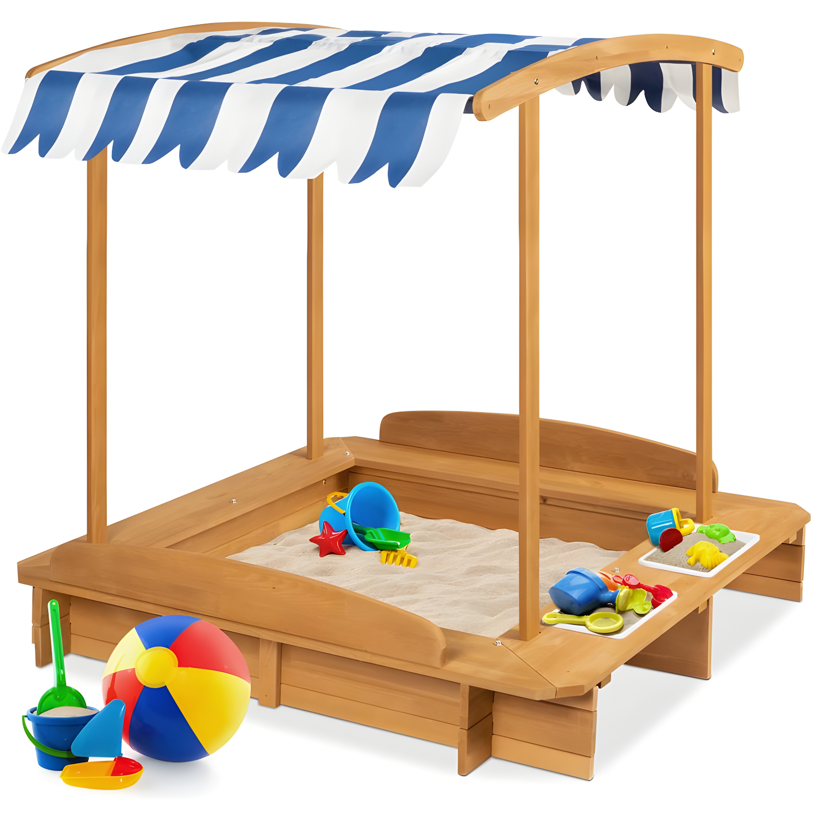 Natural Fir Wood Kids Sandbox with UV-Resistant Canopy and Benches