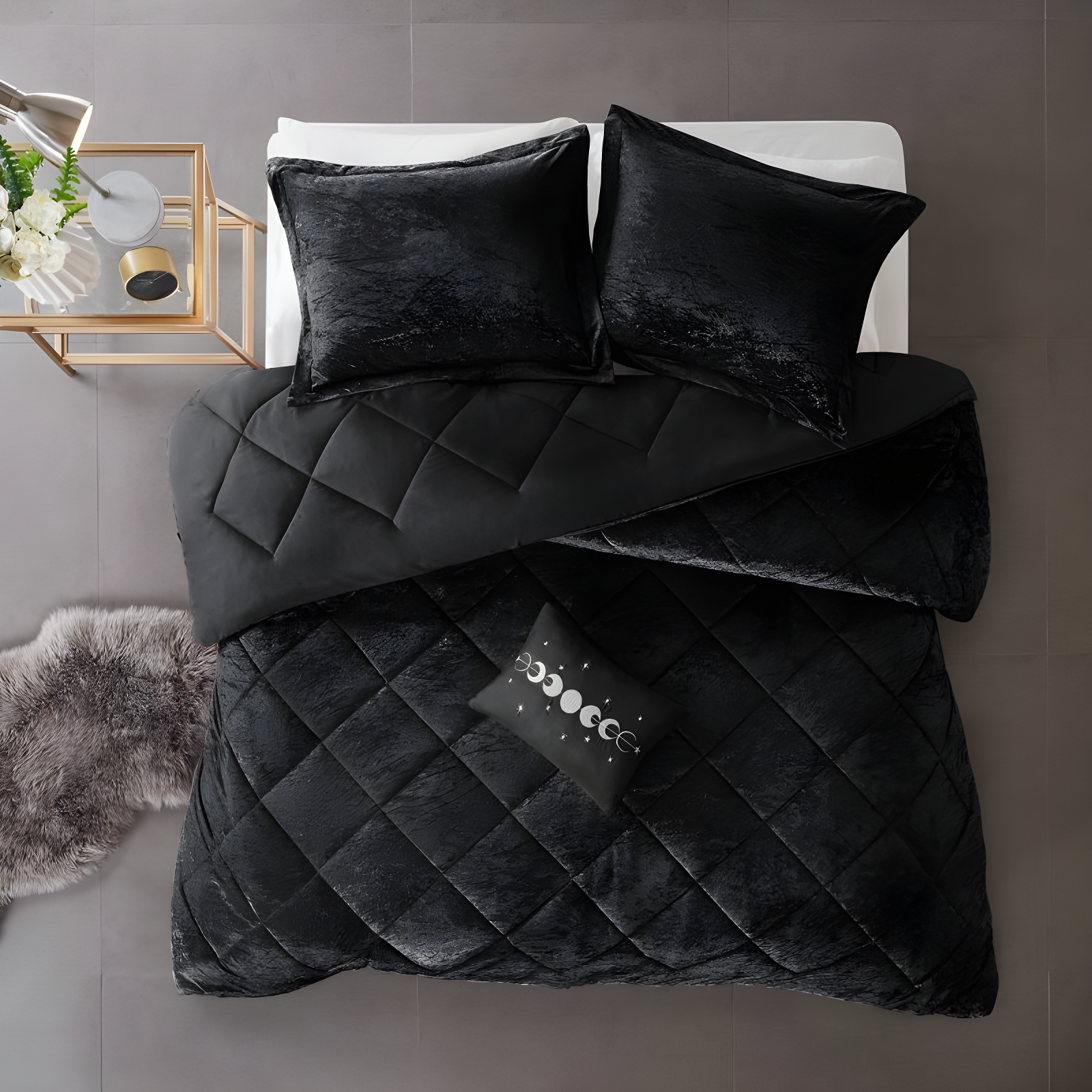 King Black Velvet Quilted Comforter Set with Decorative Pillow