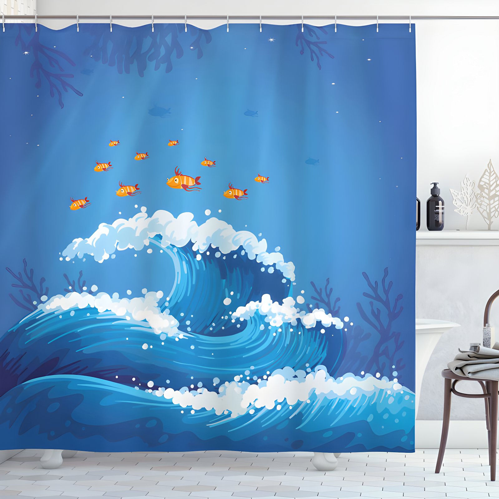 Violet Blue Orange Fabric Ocean Wave Shower Curtain