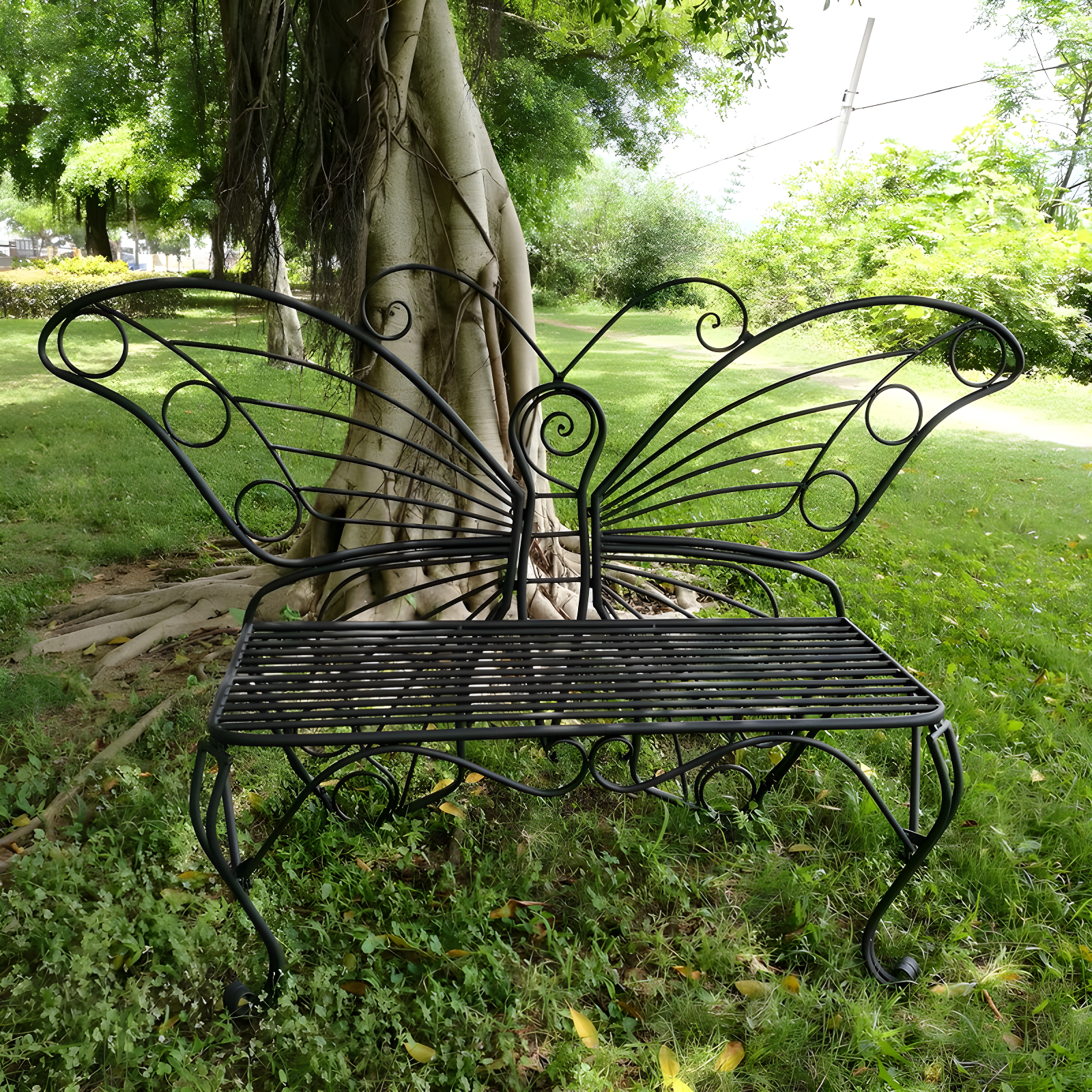 Antique Black Metal Butterfly Garden Bench