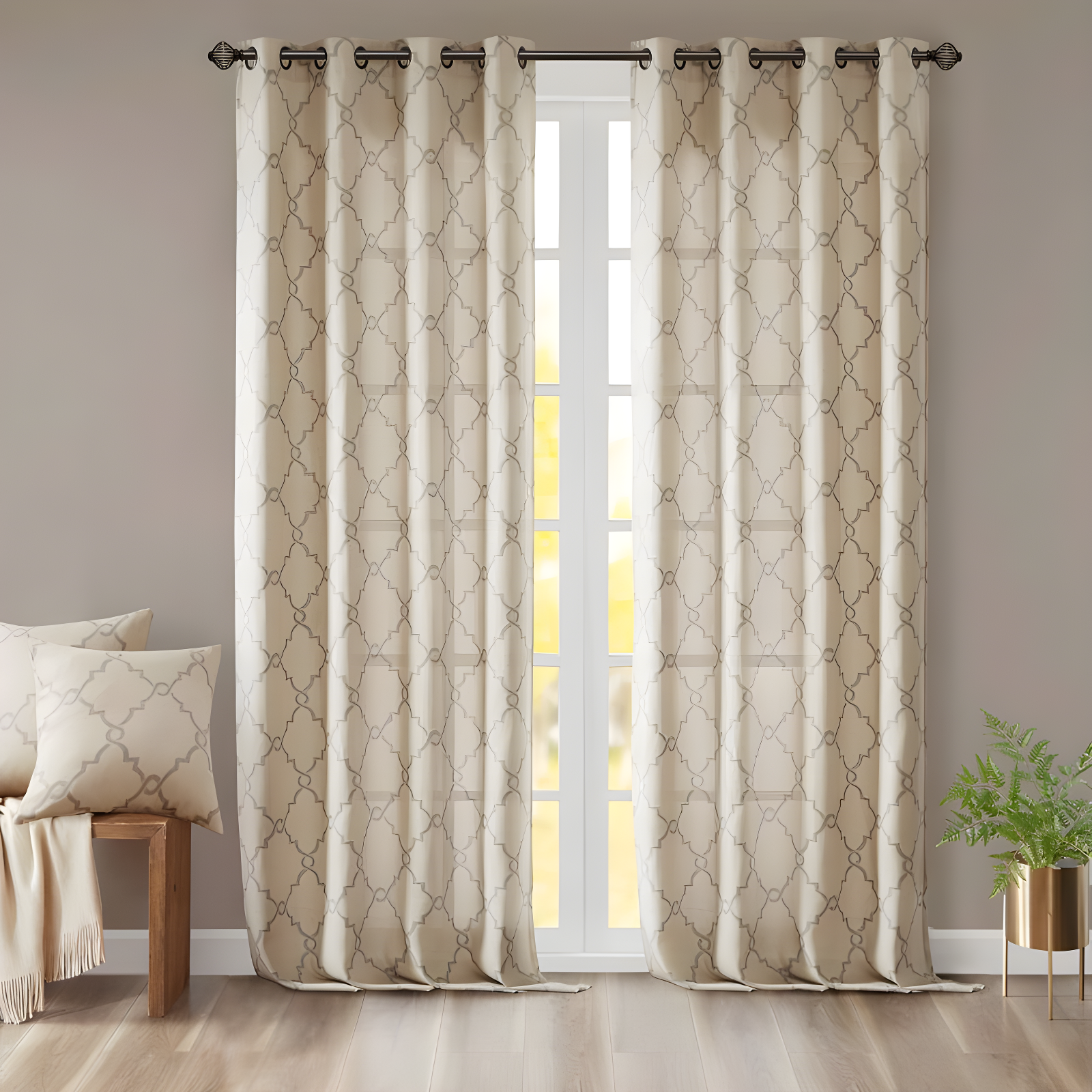 Beige Light Filtering Cotton Polyester Grommet Curtain Panel