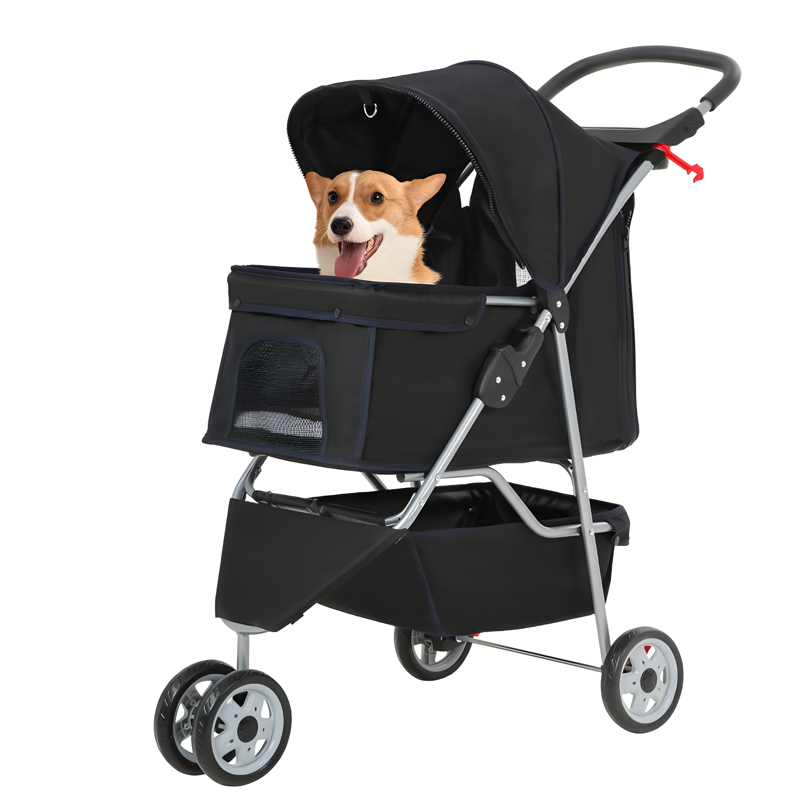 Black 3-Wheel Pet Stroller with Mesh Windows