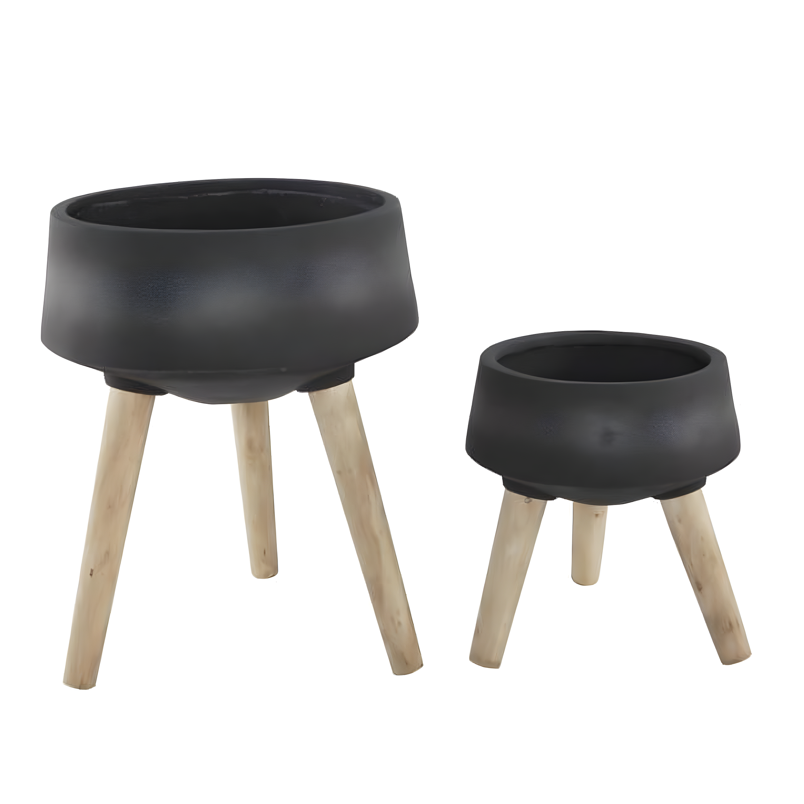 Matte Black Fiberglass and Wood Indoor Planter Set on Legs, 15" & 11.5"