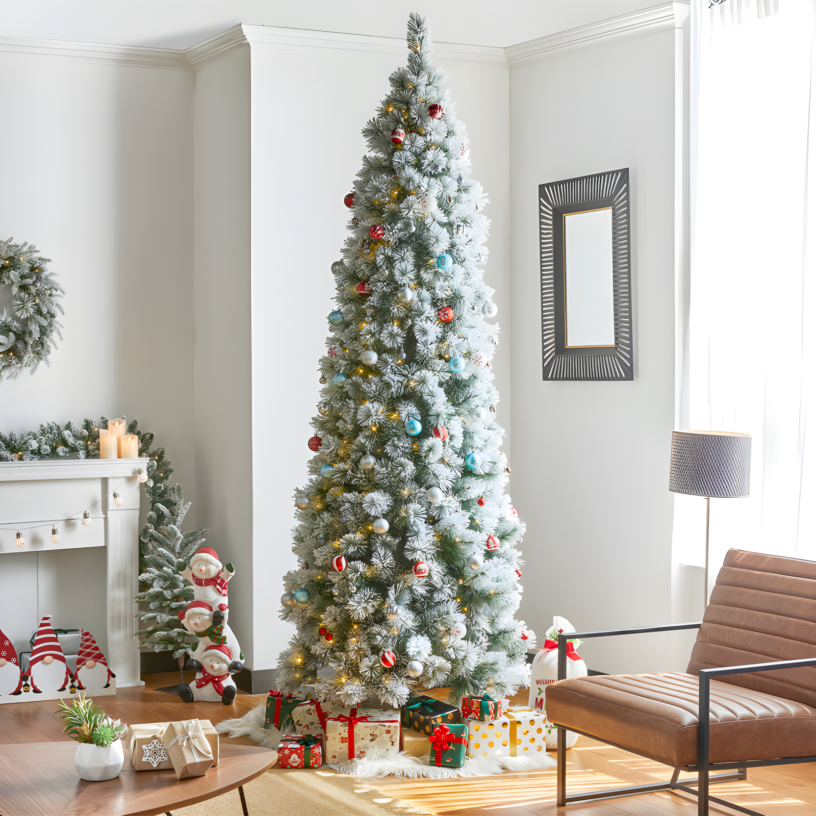 9' White Flocked Pine Christmas Tree with Multicolored Lights