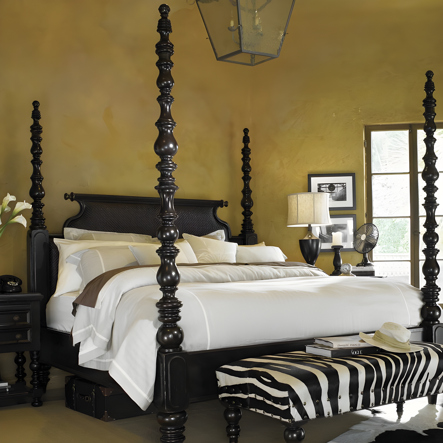 Transitional Black California King Canopy Bed with Tufted Upholstery