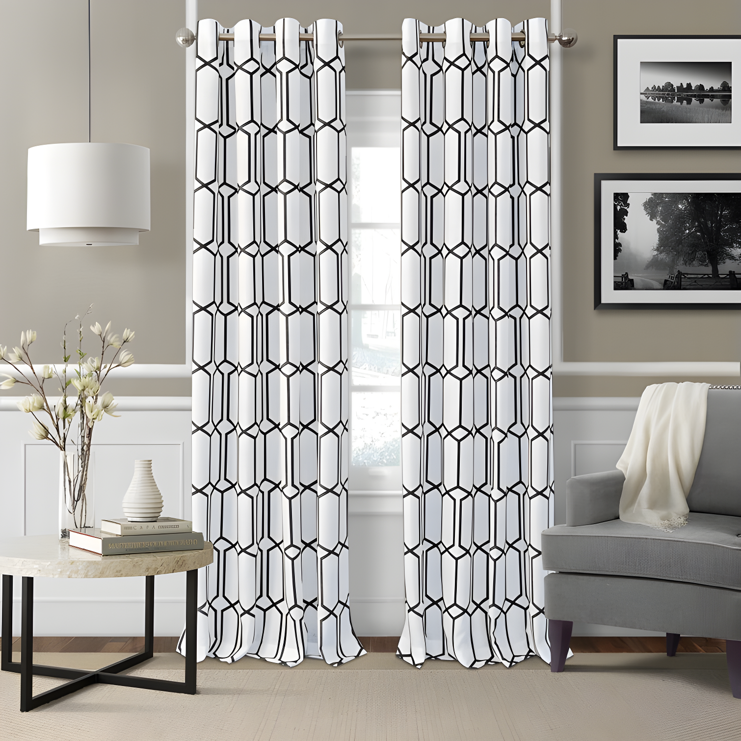 Kaiden Black Geometric Room Darkening Linen Blend Curtains