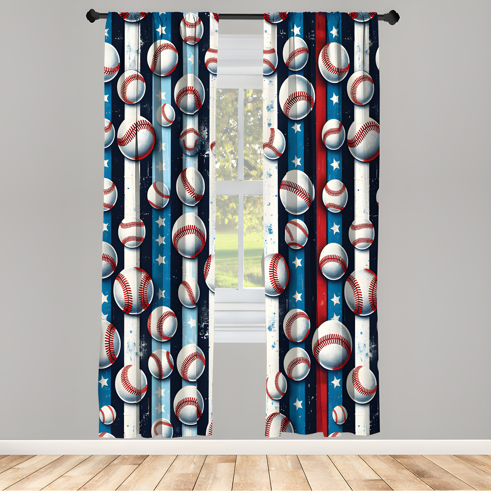 Patriotic Baseball Print Gray Microfiber Curtain Panels