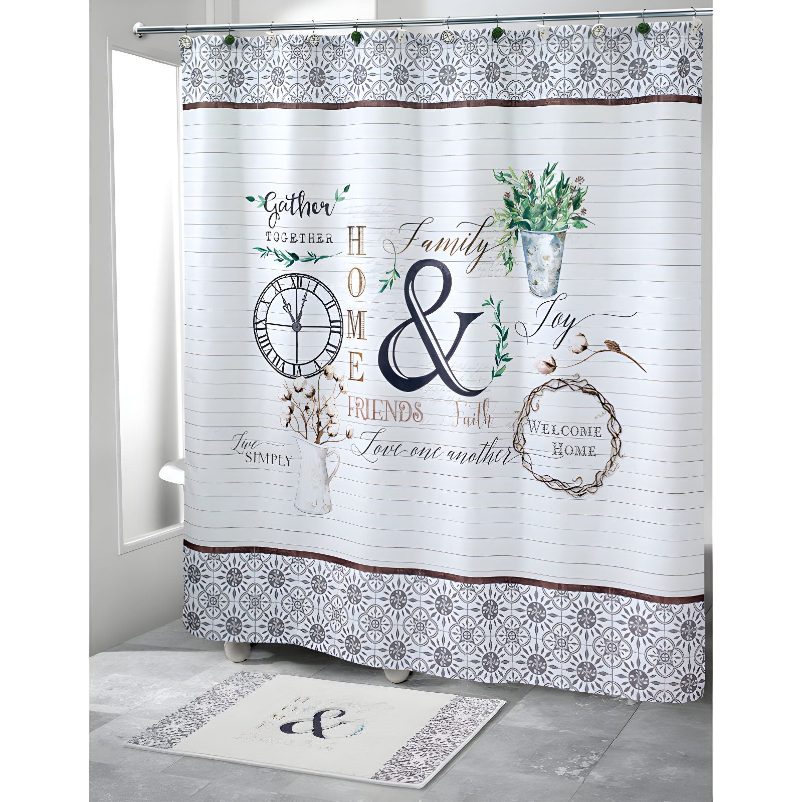 Modern Farmhouse Fabric Shower Curtain with Medallion Tile Borders