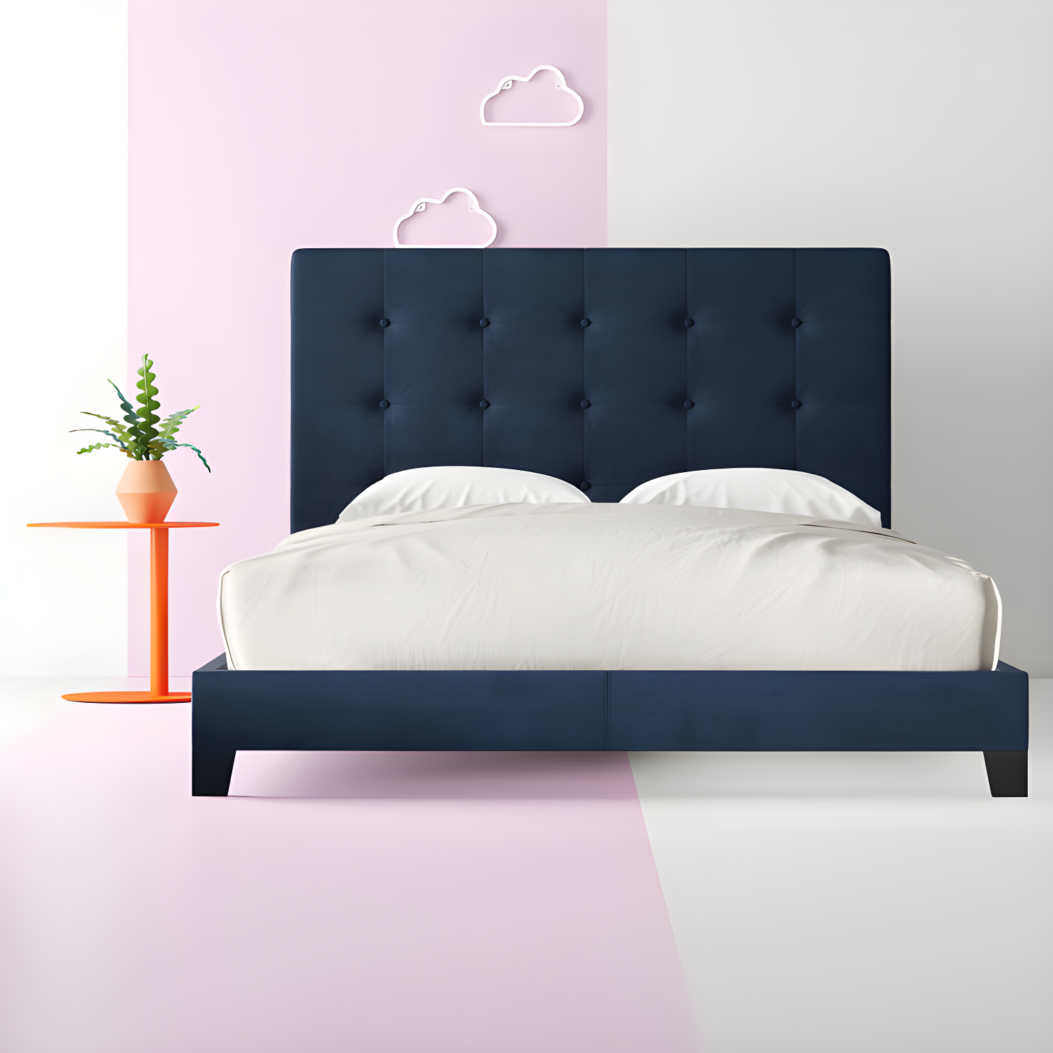 Midnight Blue Velvet Queen Platform Bed with Tufted Headboard