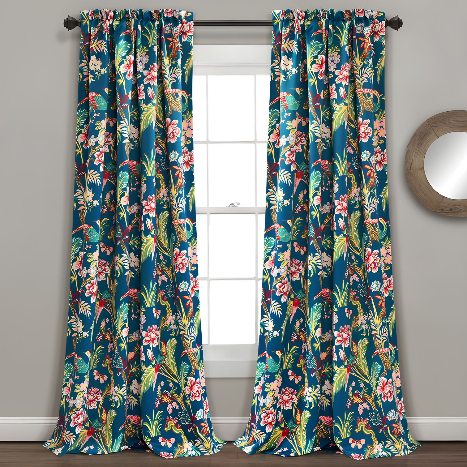 Navy and Multi Floral Blackout Polyester Curtain Panels