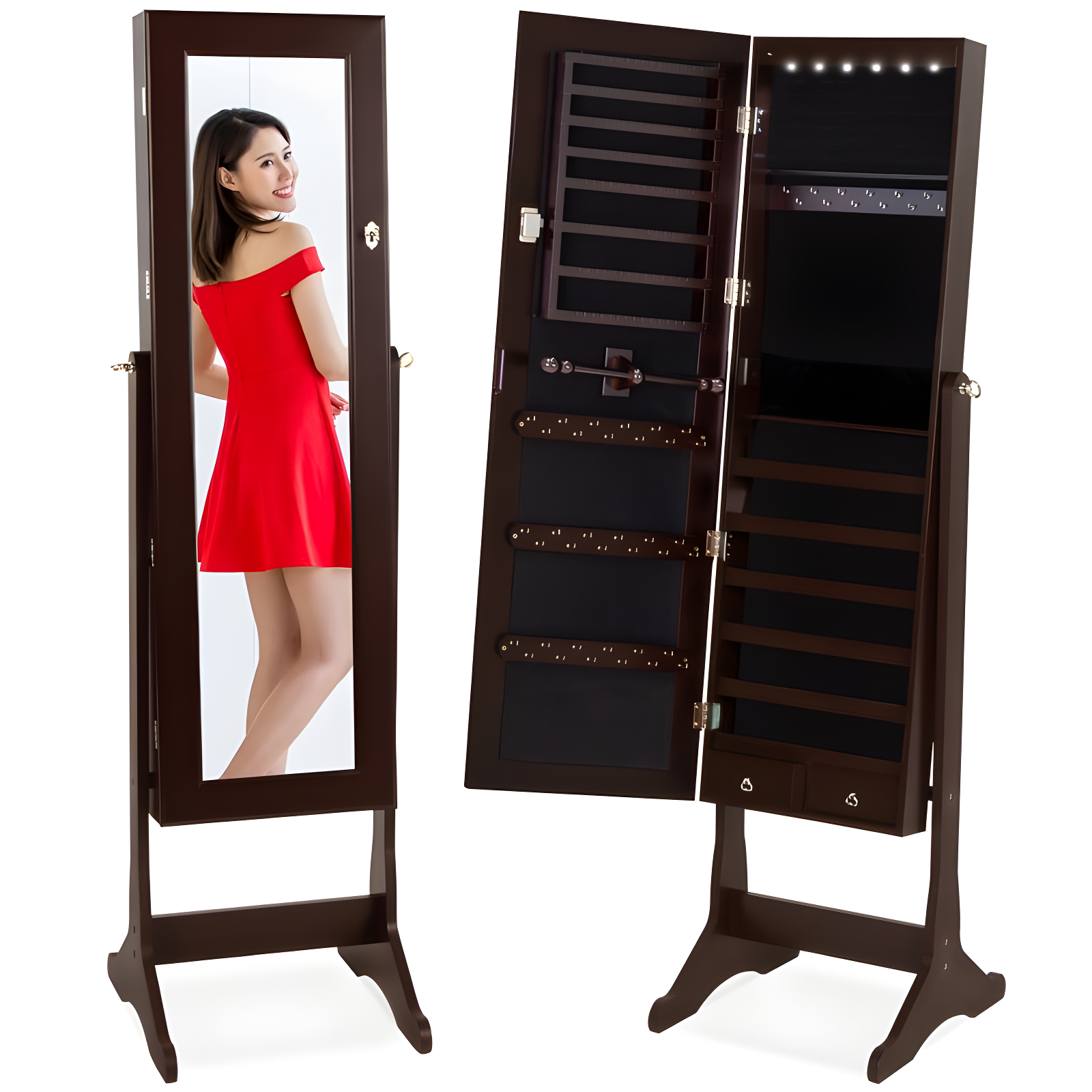 Espresso Full-Length Mirror Jewelry Storage Cabinet with LED Lights