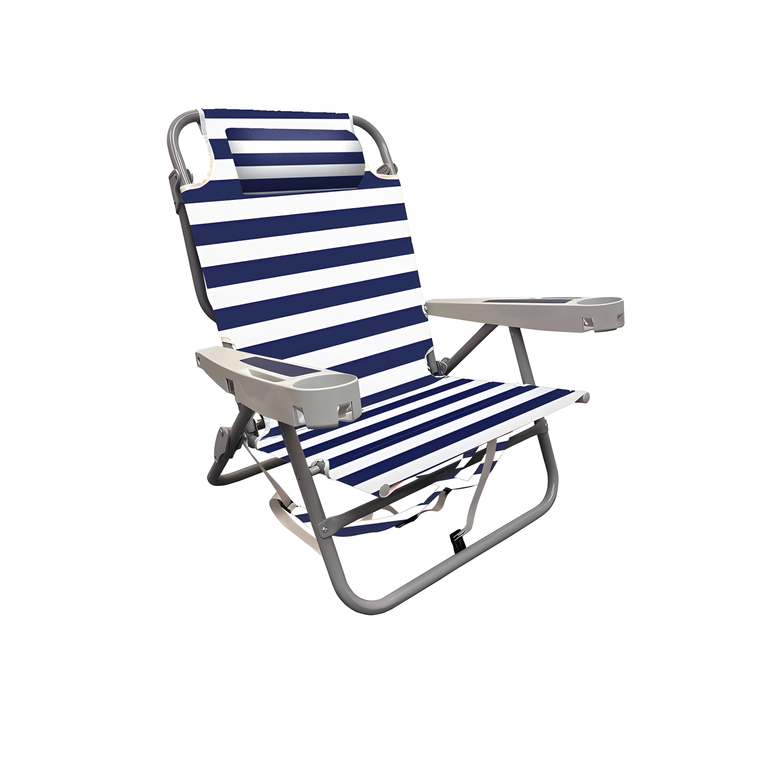 Navy and White Striped Aluminum Folding Beach Chair with Cushions