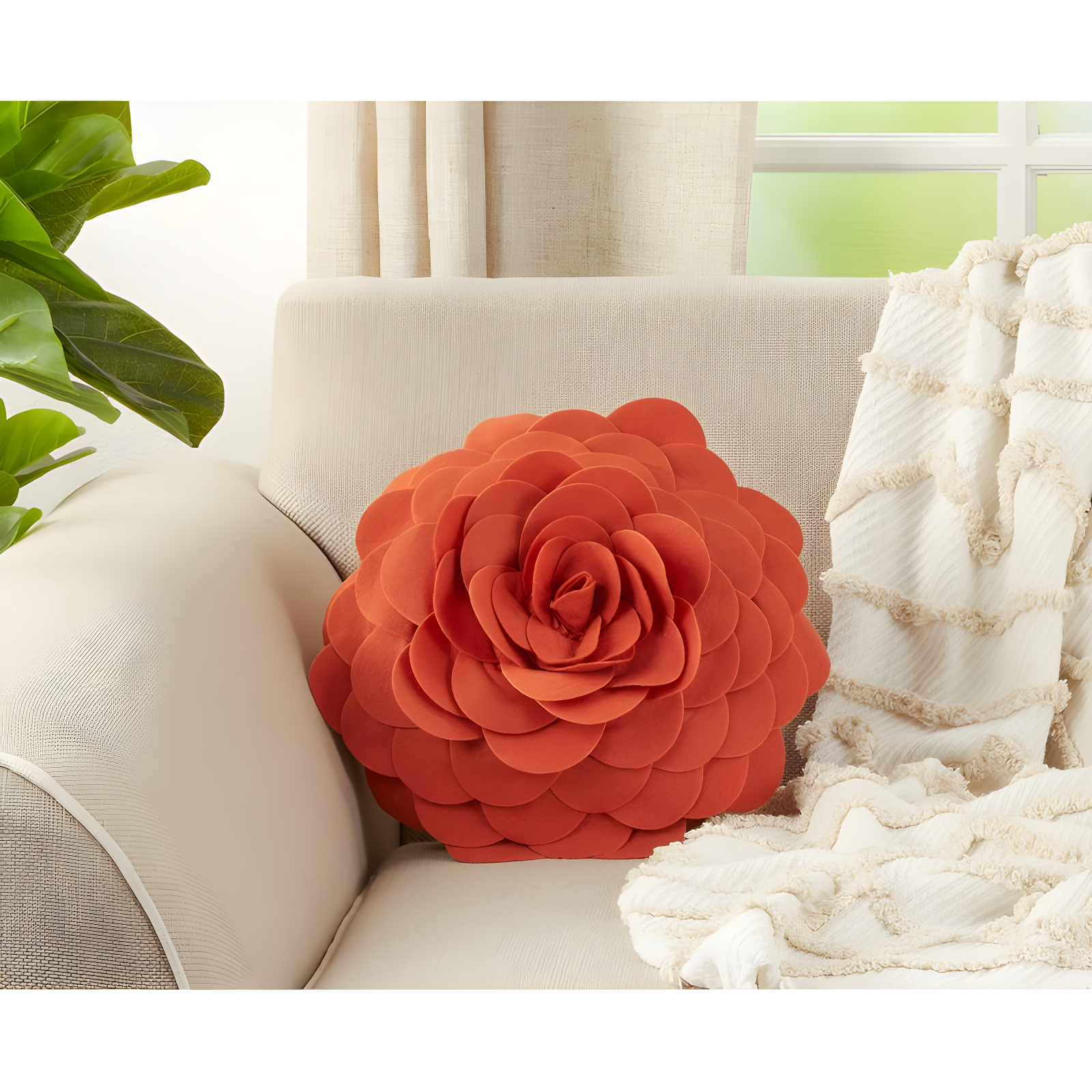 Terracotta Round Rose Flower Design Polyester Throw Pillow