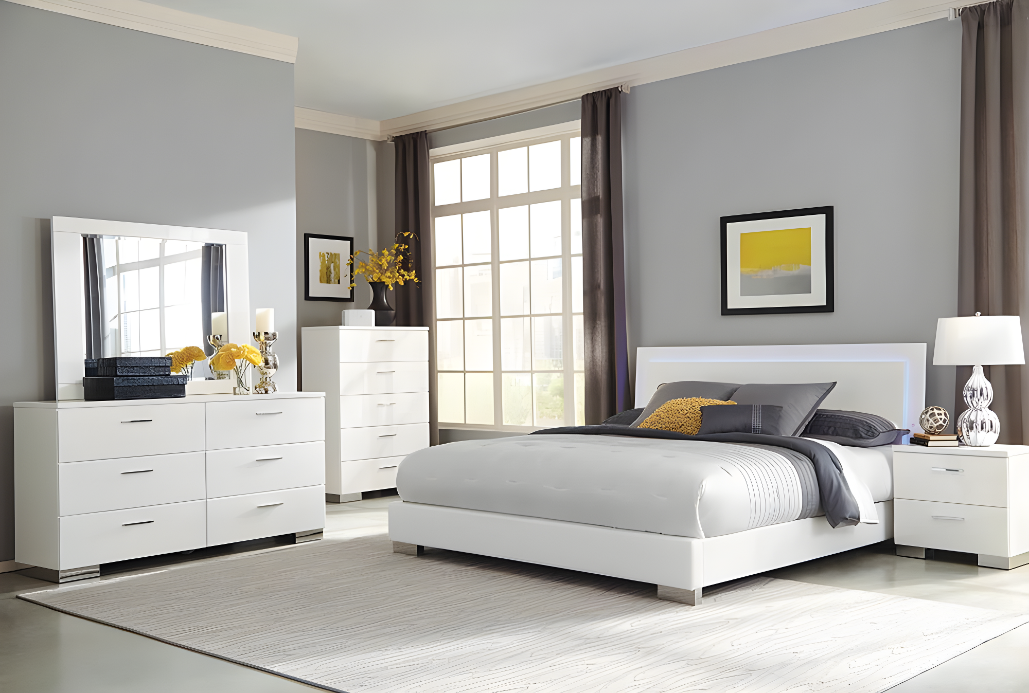 White King Upholstered Bed with LED Headboard and Storage Drawers