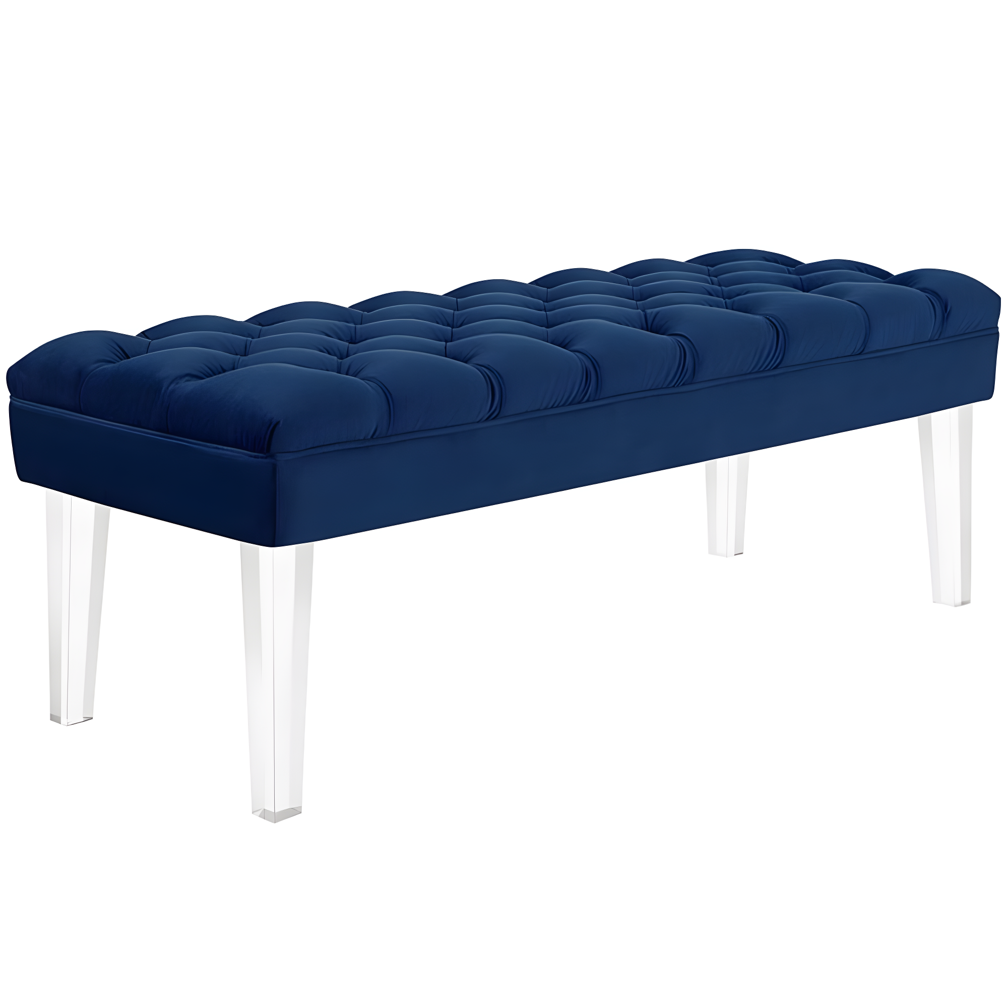 Navy Velvet Tufted Bench with Tapered Acrylic Legs