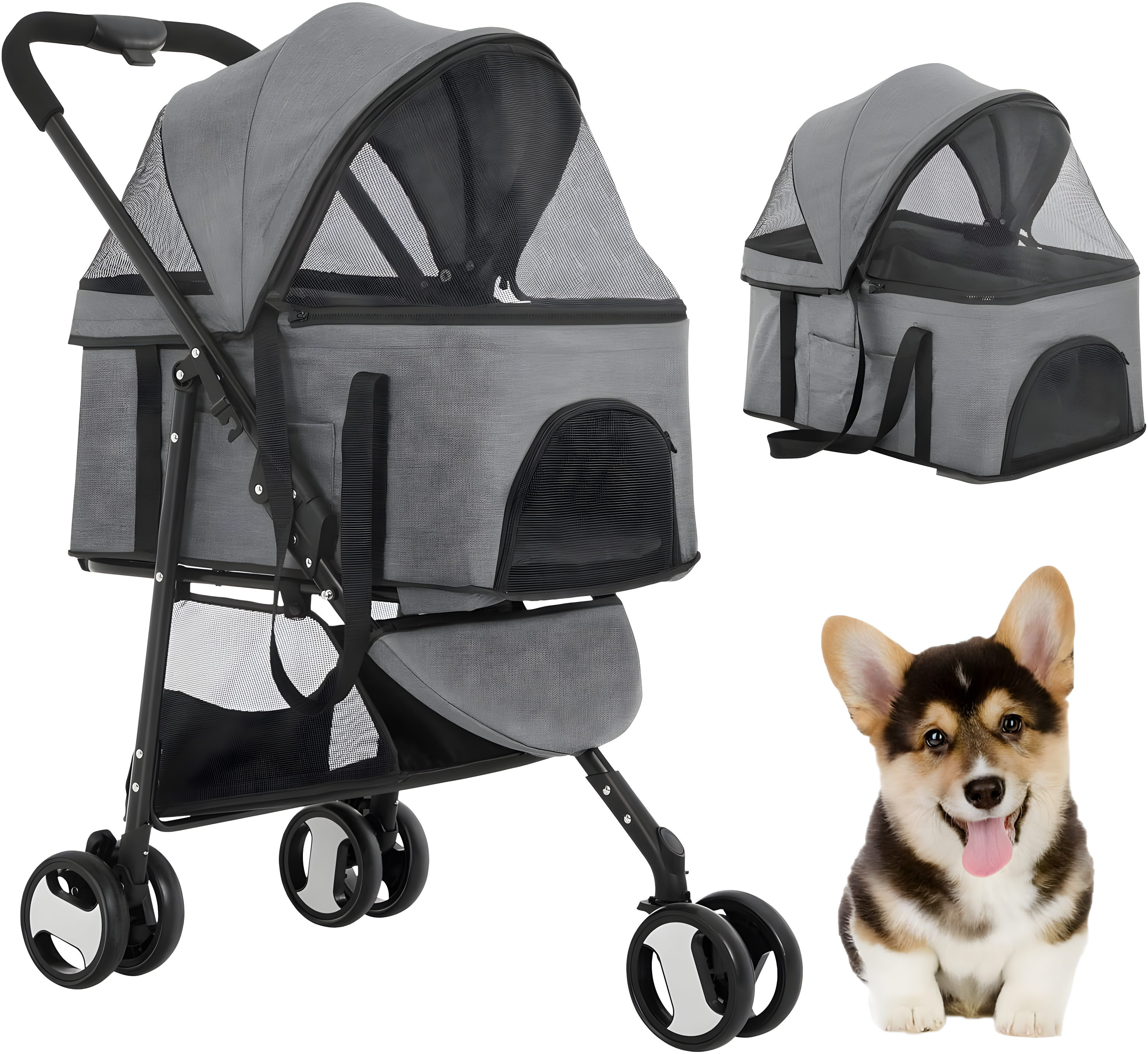 Gray 3-in-1 Multifunction Pet Stroller with Detachable Carrier