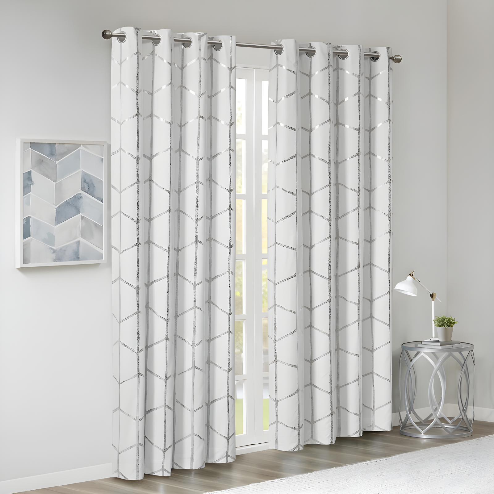 White/Silver Geometric Blackout Grommet Curtain Panel