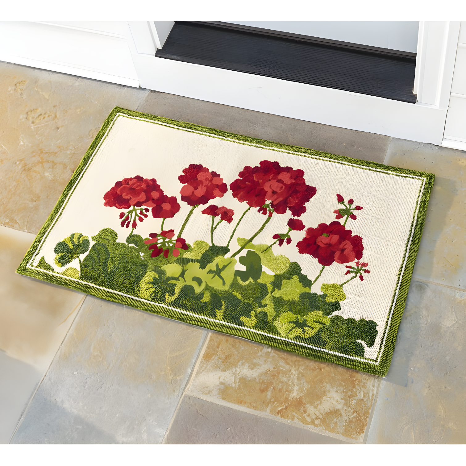 Geranium Red Floral Hand-Hooked Doormat 24"x42"