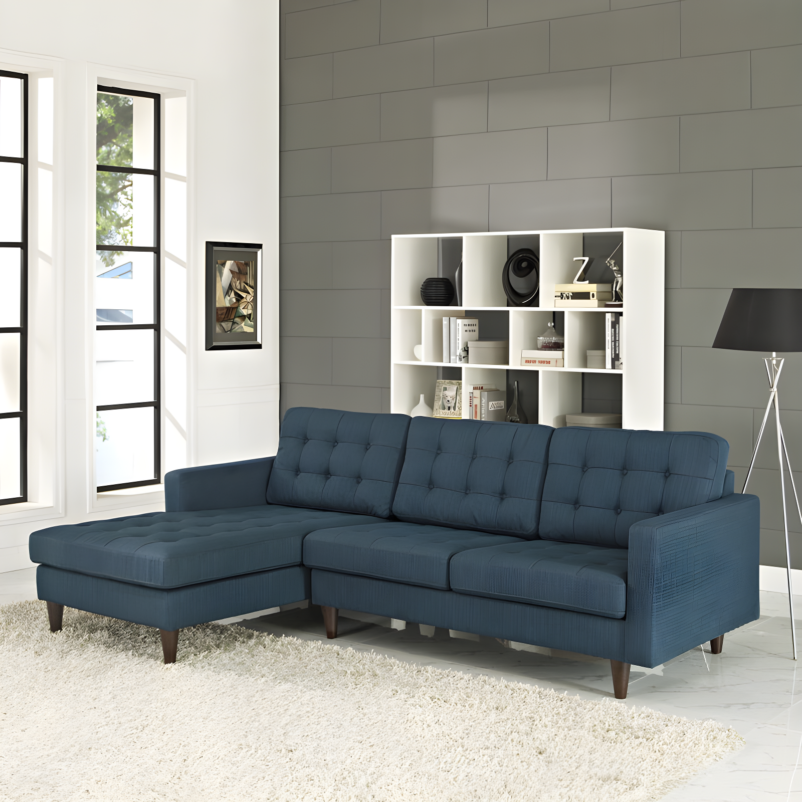 Empress Azure Fabric Tufted Sectional Sofa with Solid Wood Legs