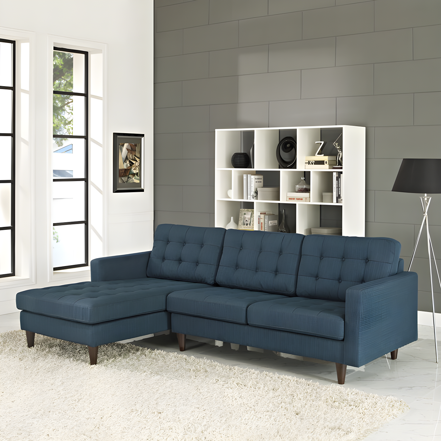 Empress Azure Fabric Tufted Sectional Sofa with Solid Wood Legs