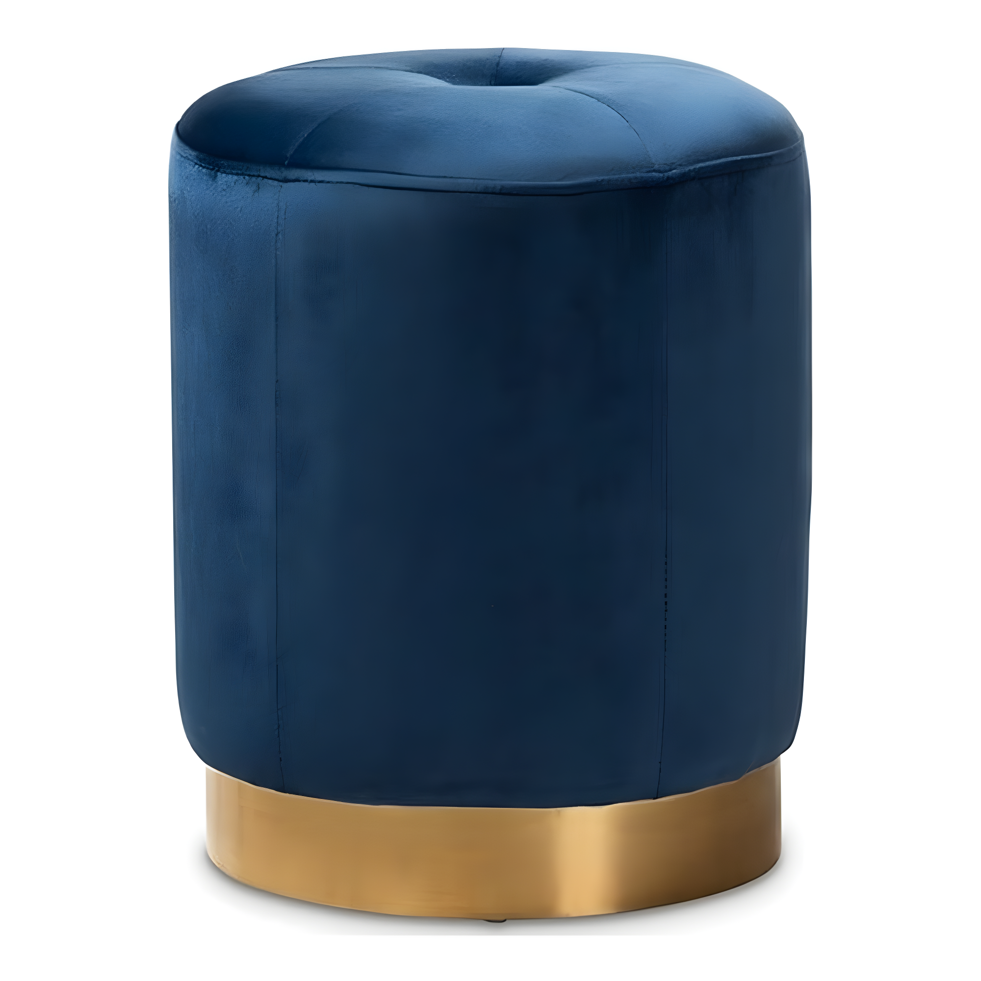 Alonza Navy Blue Velvet Round Tufted Ottoman with Gold Base