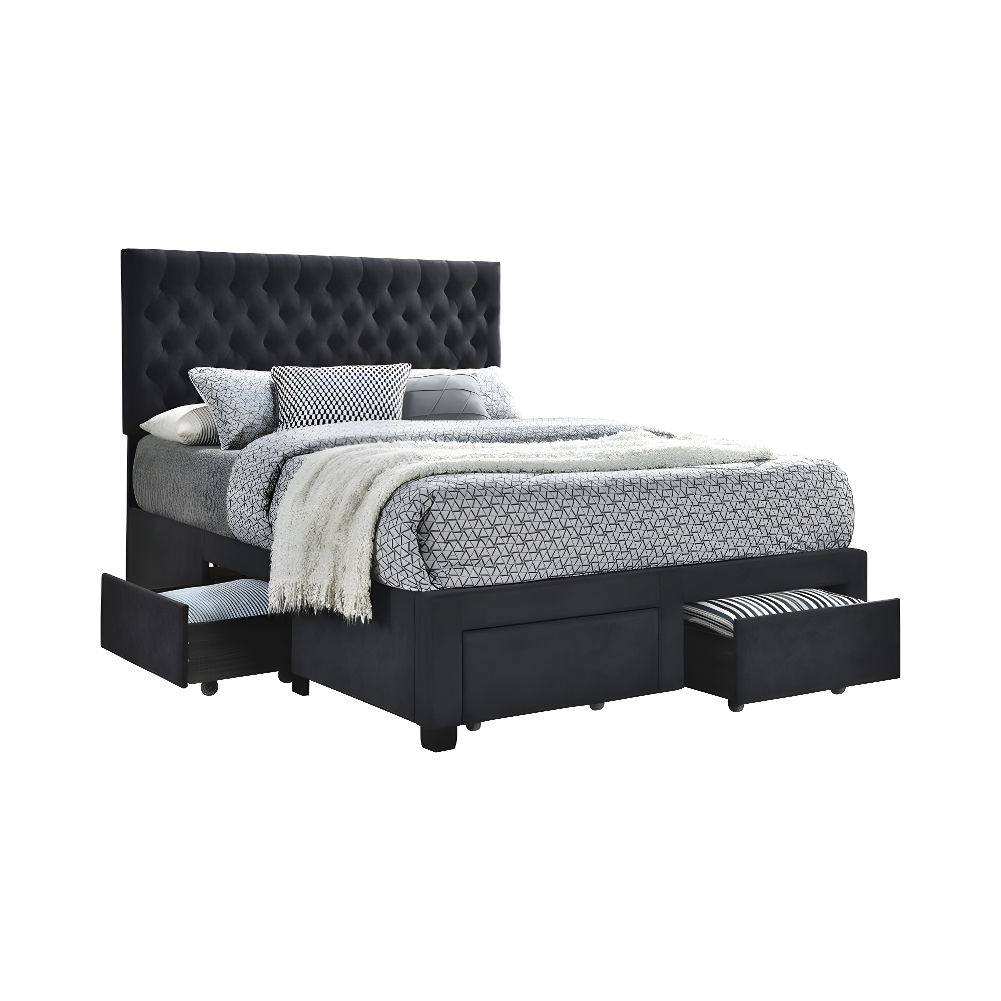 Charcoal Upholstered Queen Storage Bed with Tufted Headboard and Drawers