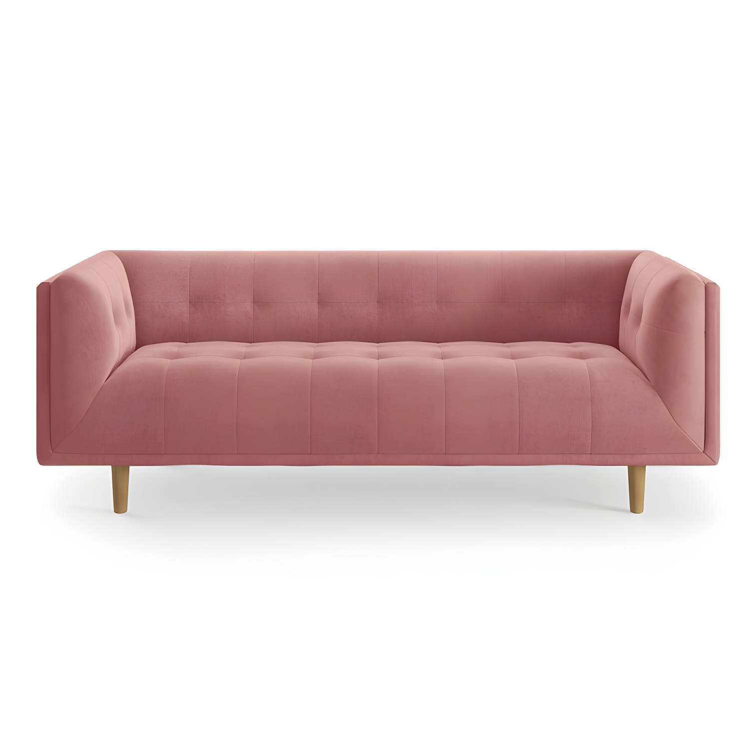 Blush Velvet Tufted Tuxedo Arm Sofa with Oak Legs