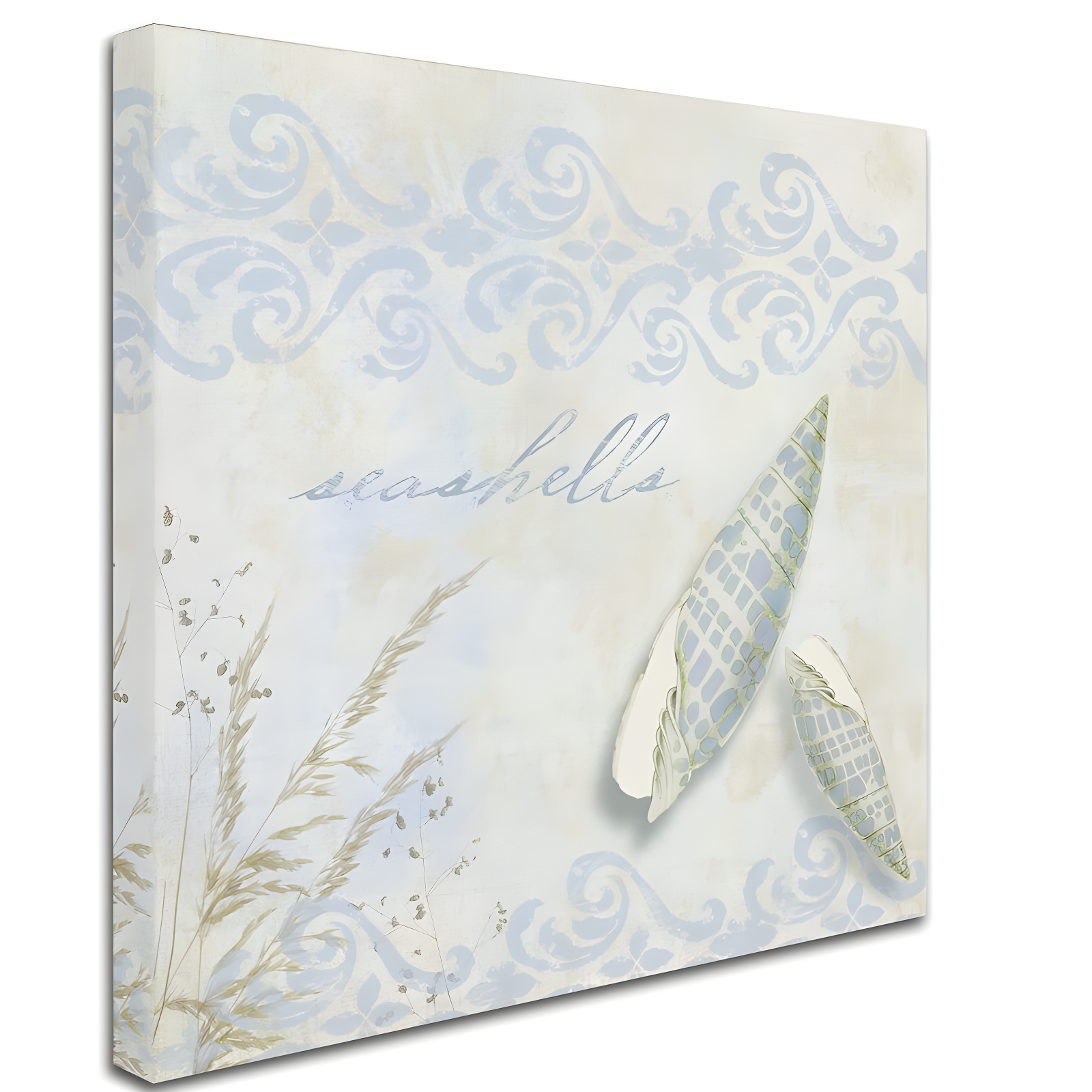 Nautical Coastal Blue and Tan Seashells Canvas Art