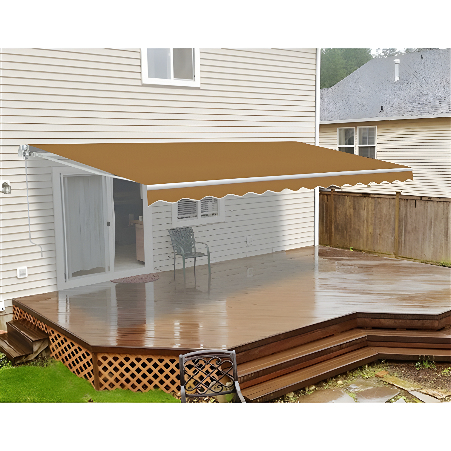 Beige Retractable Patio Awning with White Frame