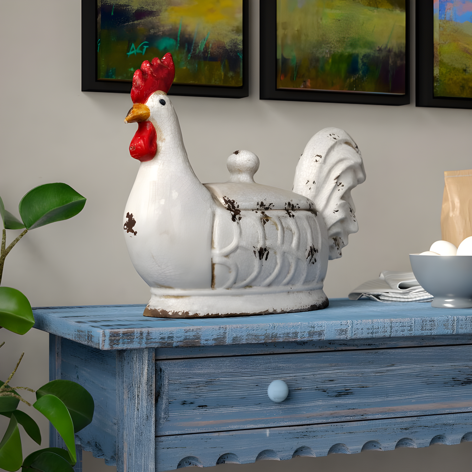 Rustic White Stoneware Rooster Container with Lid