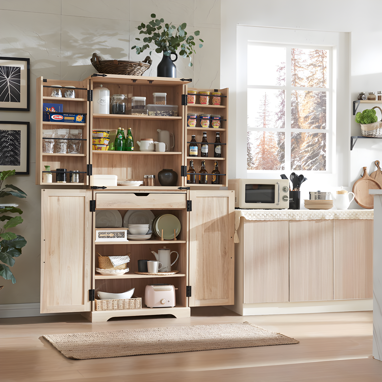 Natural Wood 72'' Kitchen Pantry with Rattan Doors