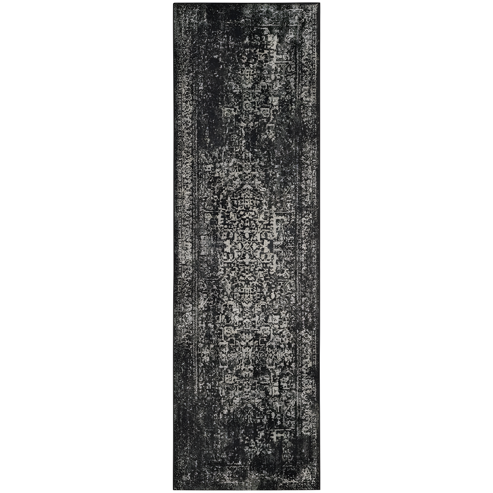 Black and Grey Floral Motif Synthetic Runner Rug