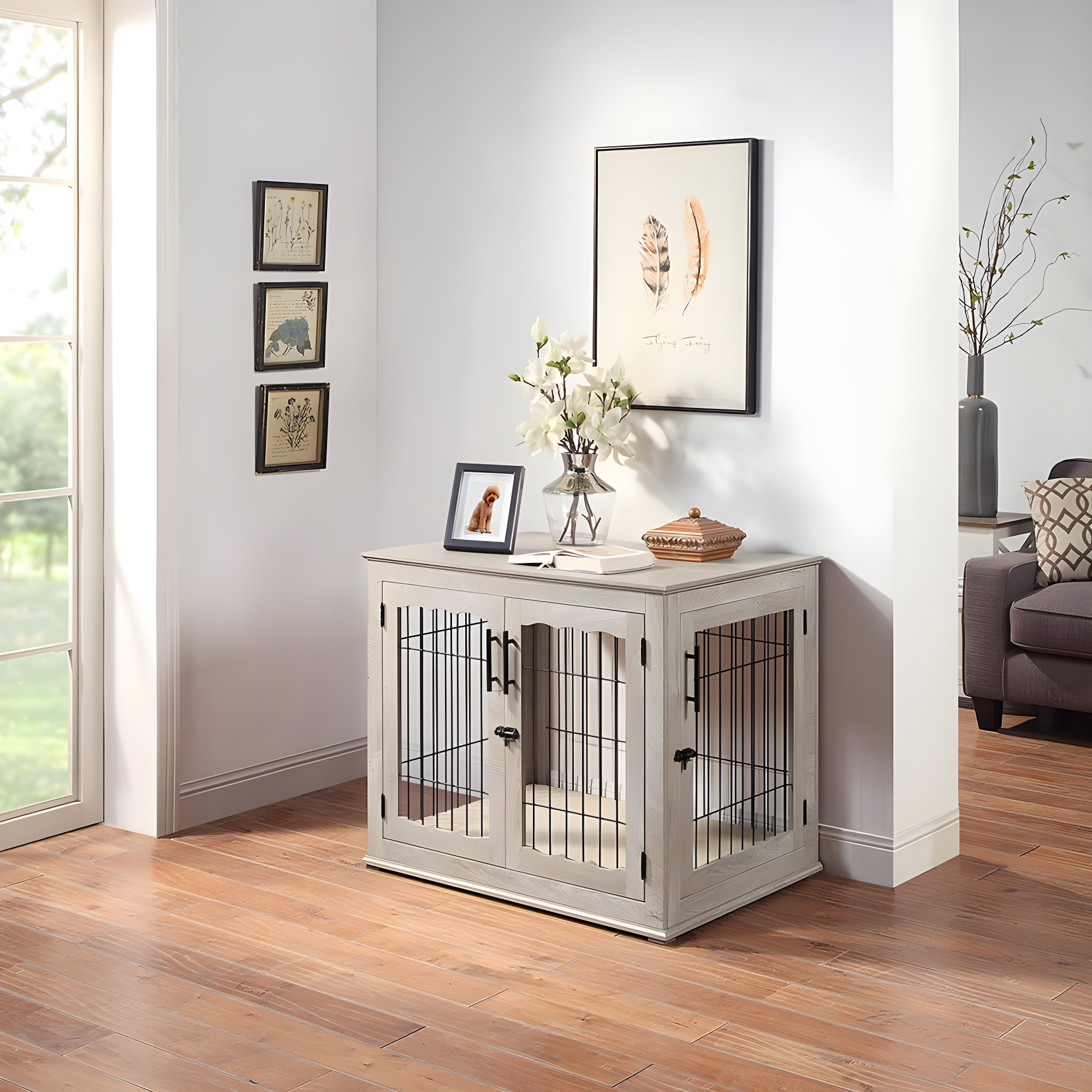 Large Gray Wooden Dog Crate End Table with Pet Bed