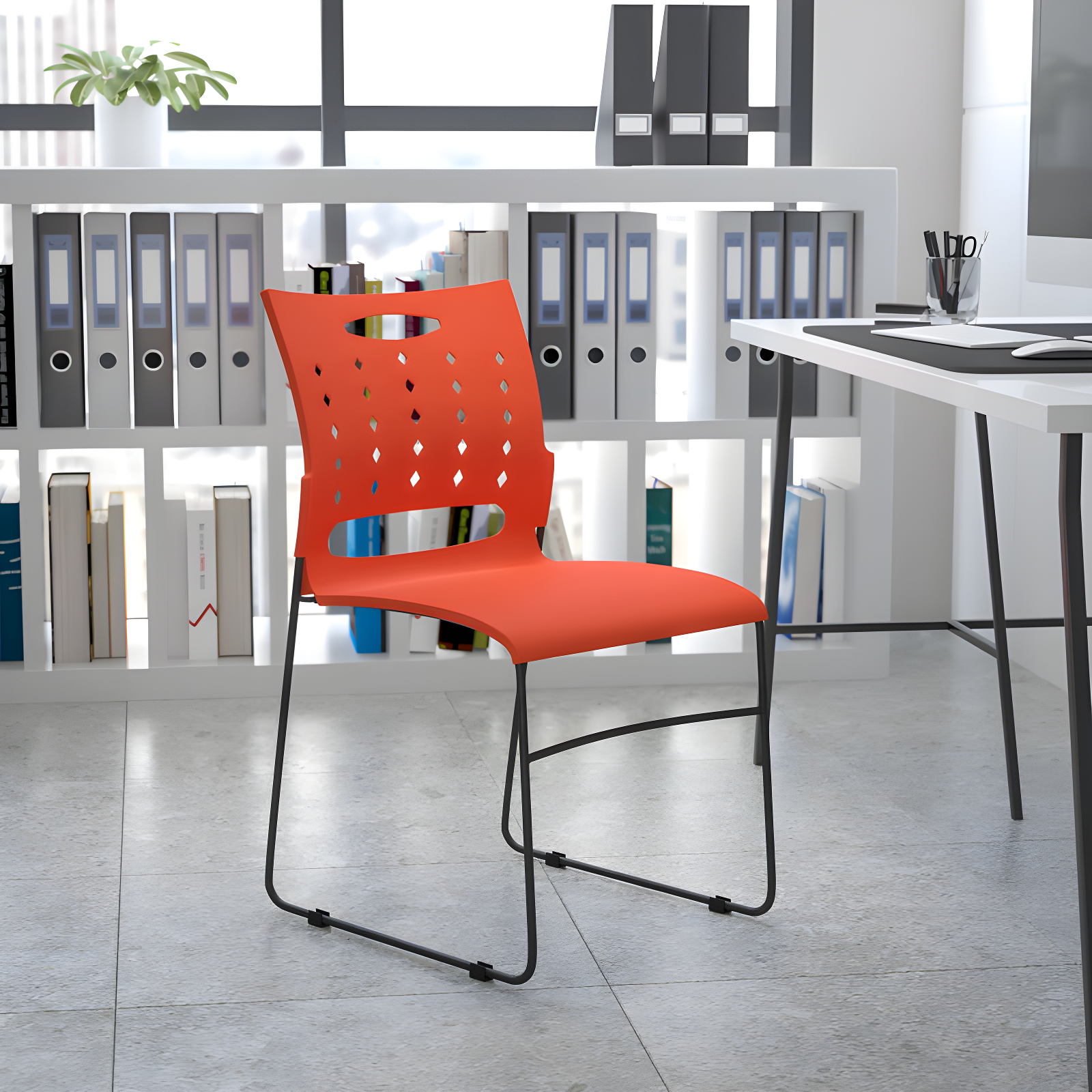 Orange Plastic Sled Base Stacking Chair with Air-Vent Back