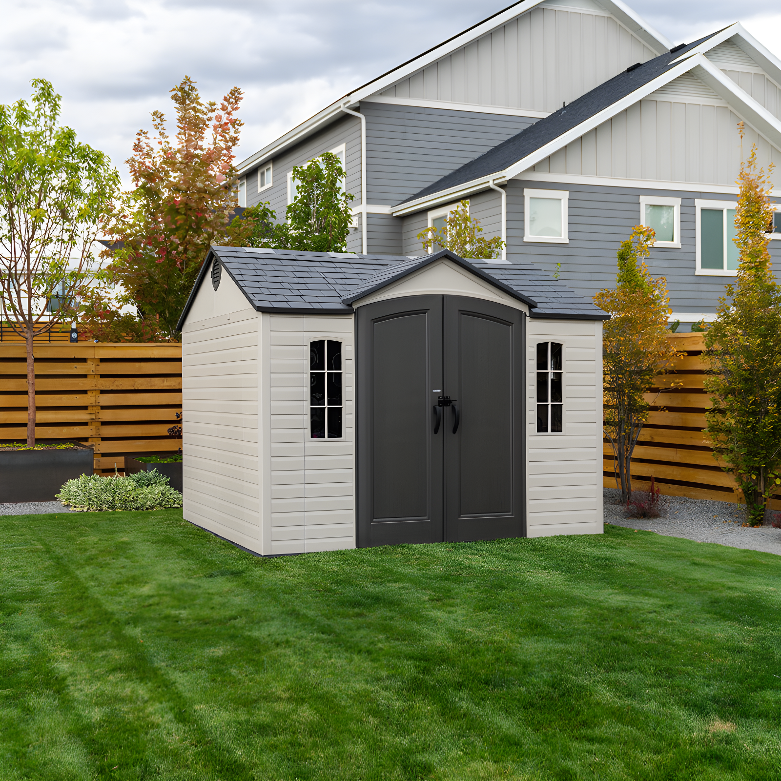 8' x 10' Desert Sand Polyethylene Storage Shed with Windows and Shelving