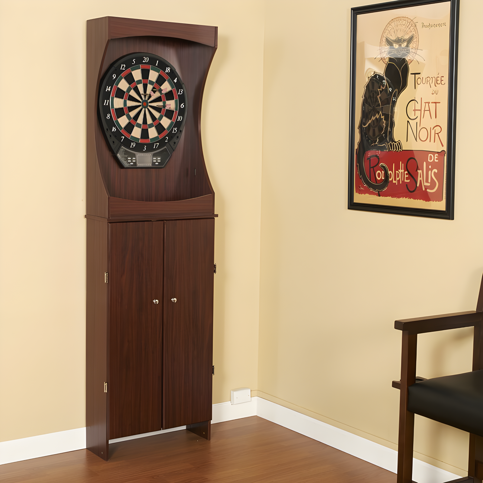 Cherry Finish Freestanding Electronic Dartboard Cabinet Set