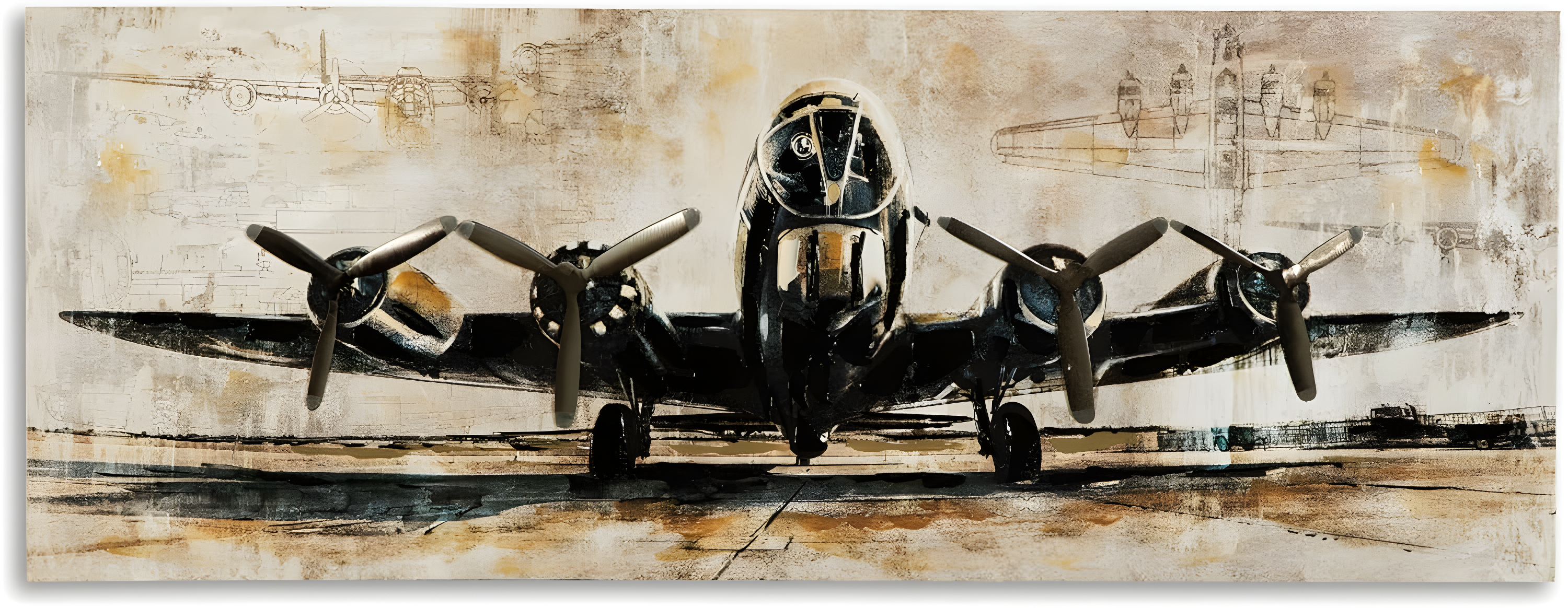 Vintage Black and Brown Airplane Canvas Wall Art