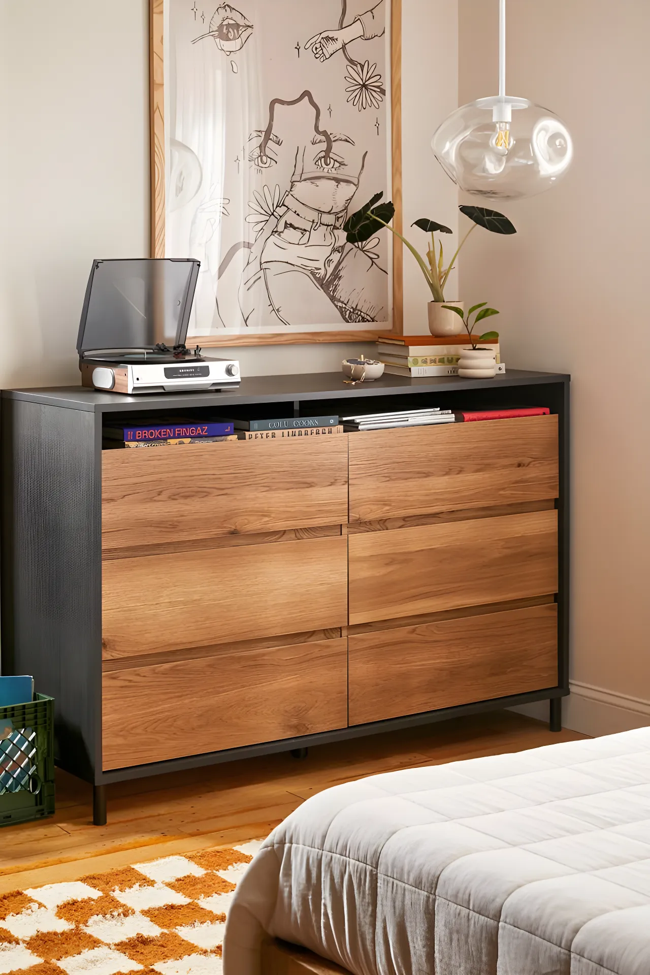 Raven Oak and Timber 6-Drawer Modern Dresser with Metal Accents