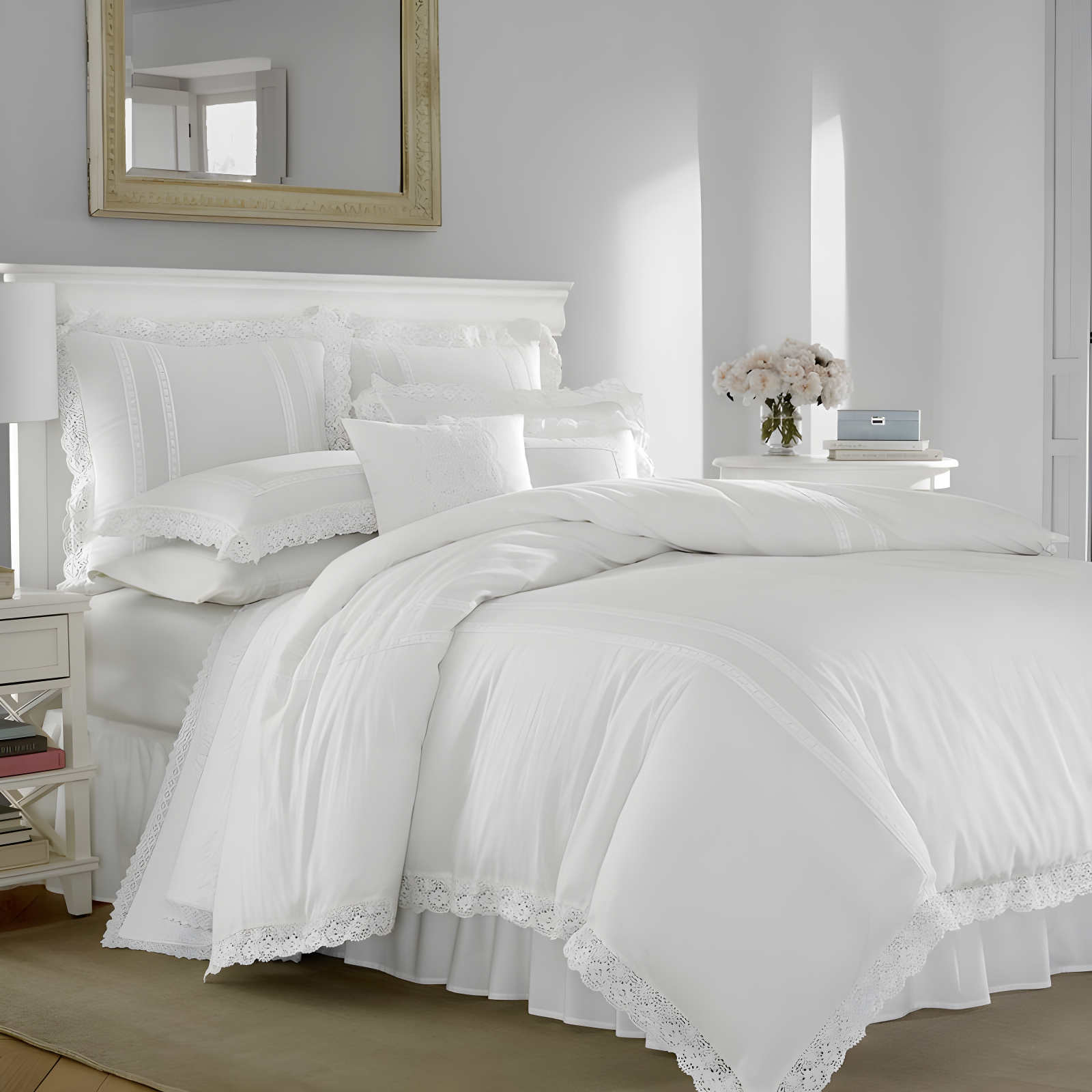 Annabella White Cotton Twin Bedspread Cover with Lace Accent