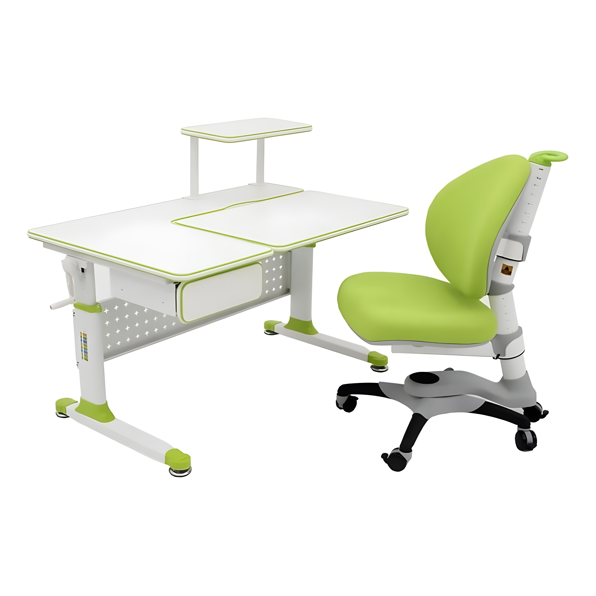 Adjustable Green Wood Writing Desk with Drawer and Chair