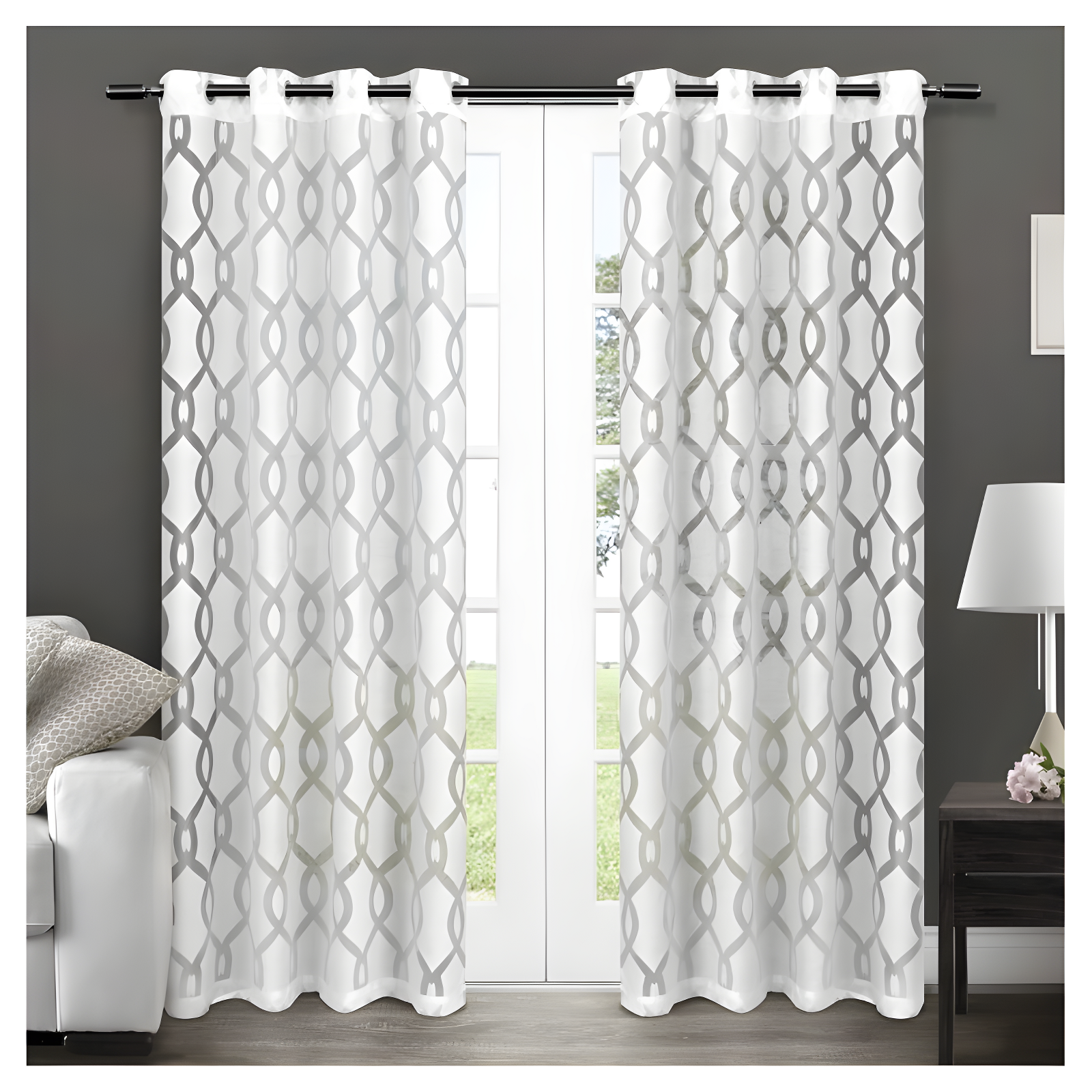 Rio Sheer White and Silver Grommet Window Curtain Panels