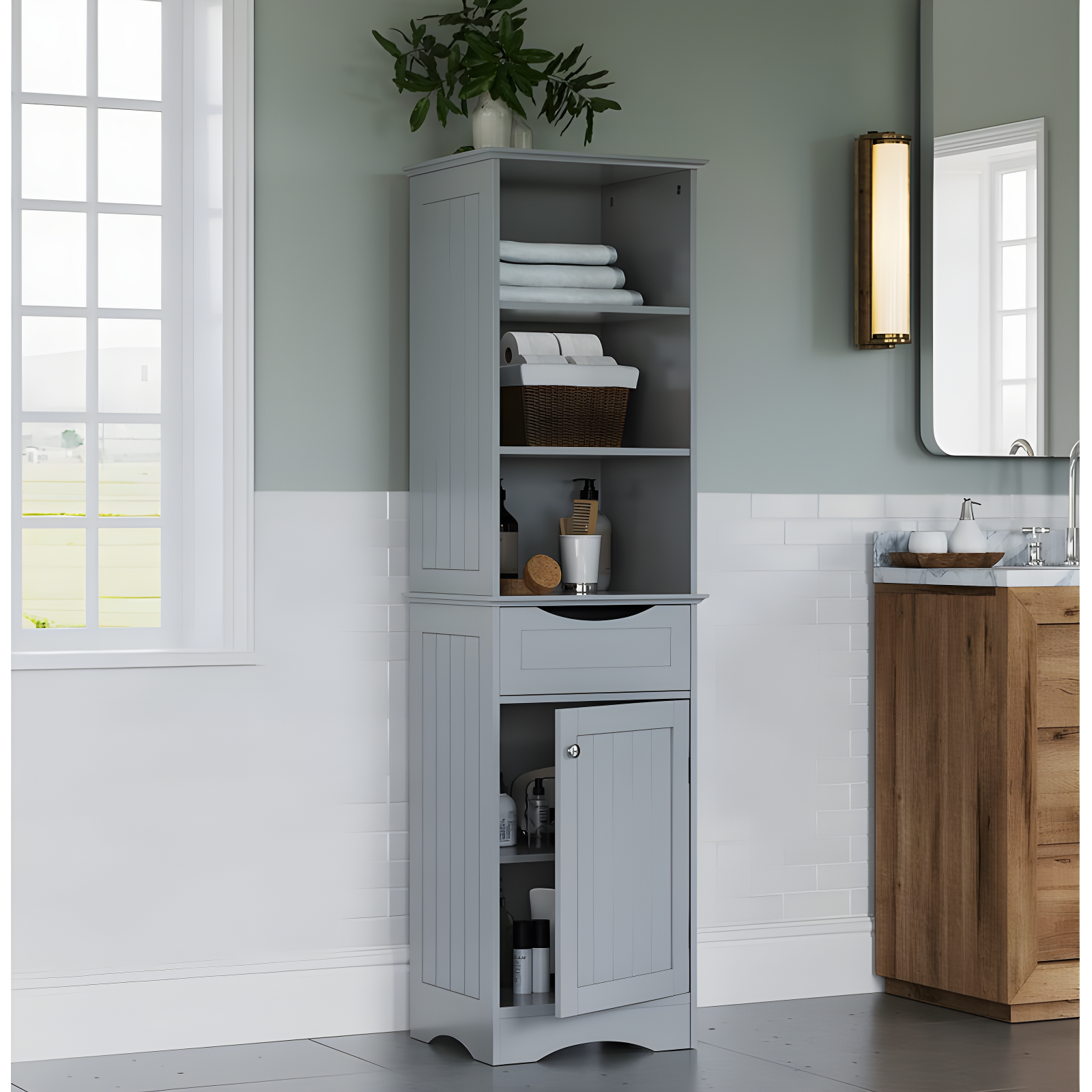 Gray Tall Bathroom Storage Cabinet with Adjustable Shelving