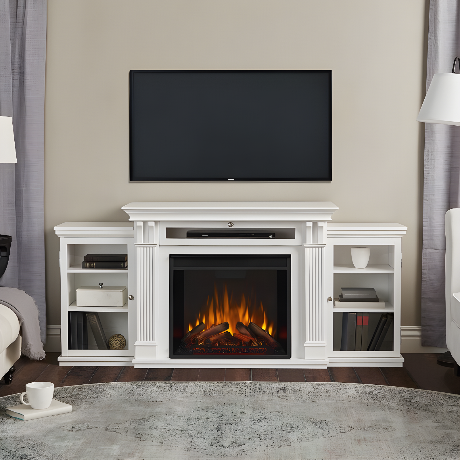 White Wood TV Stand with Electric Fireplace and Cabinets