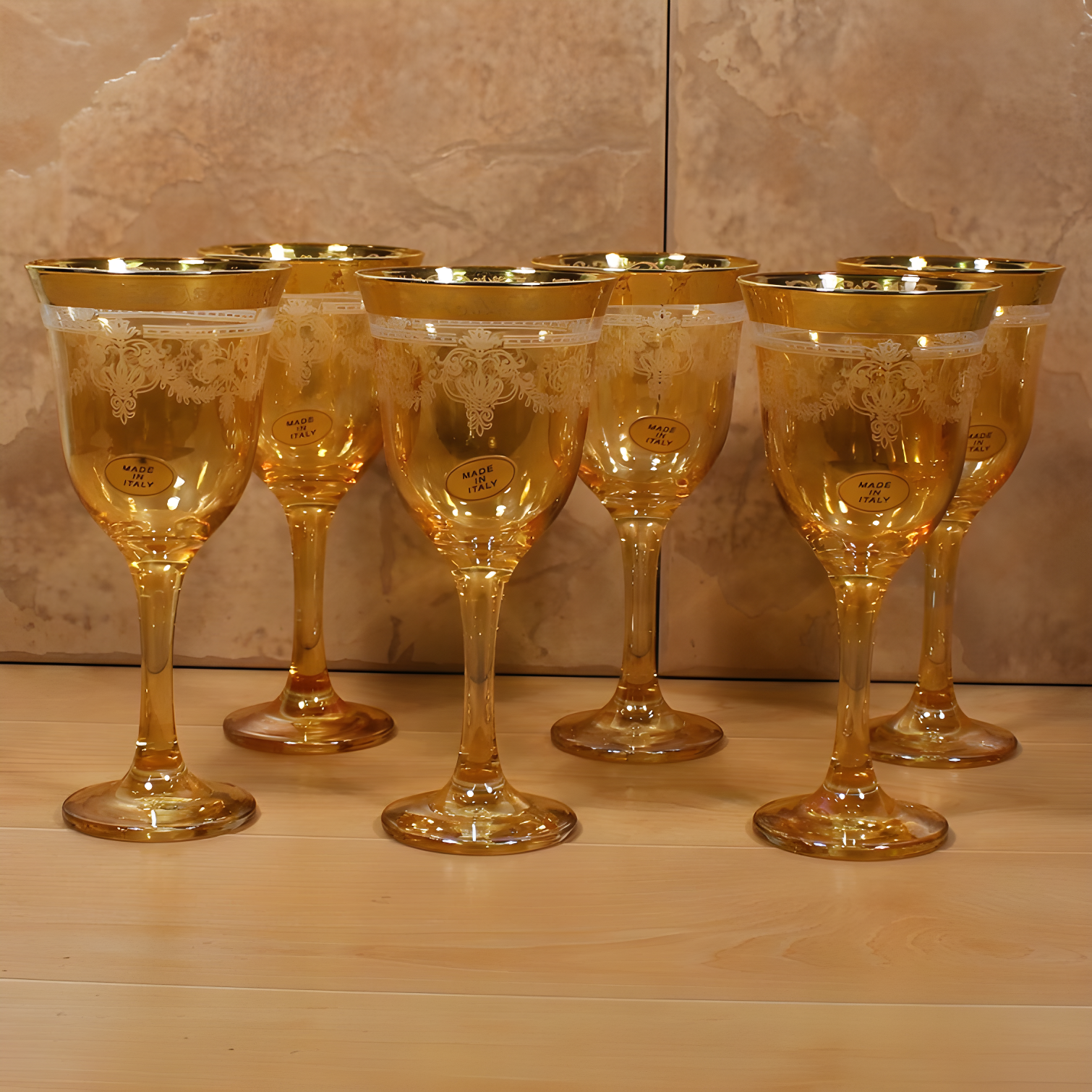 Amber Gold Trim Italian Crystal Goblet Set, 6 Pieces