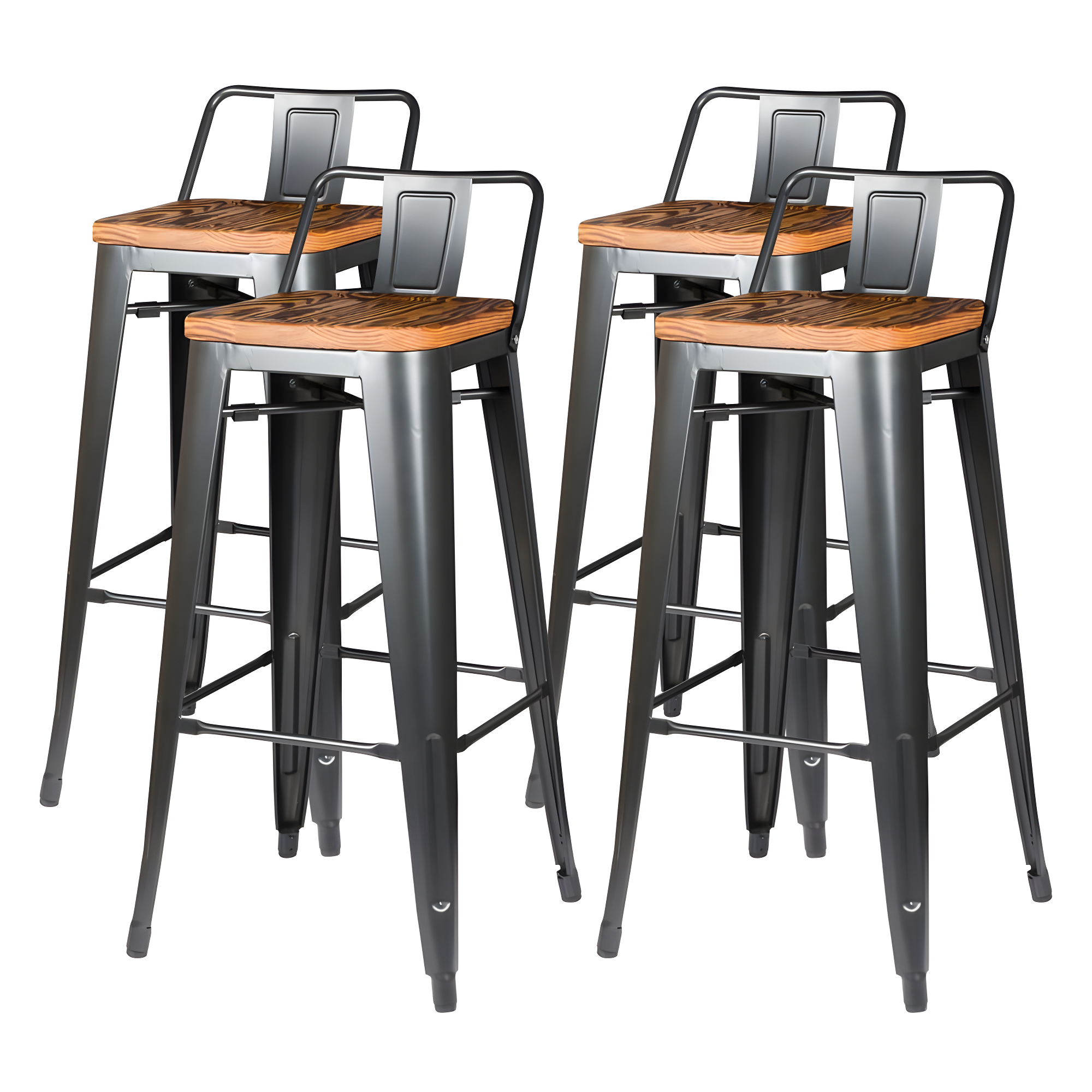 Metropolis Gunmetal Low Back Bar Stool with Pine Wood Seat, Set of 4