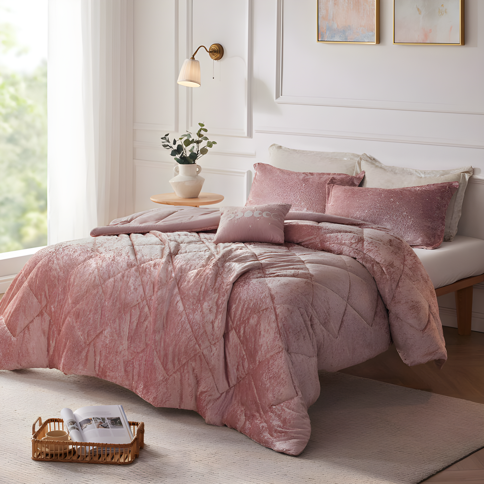 Blush King Velvet Comforter Set with Decorative Pillow