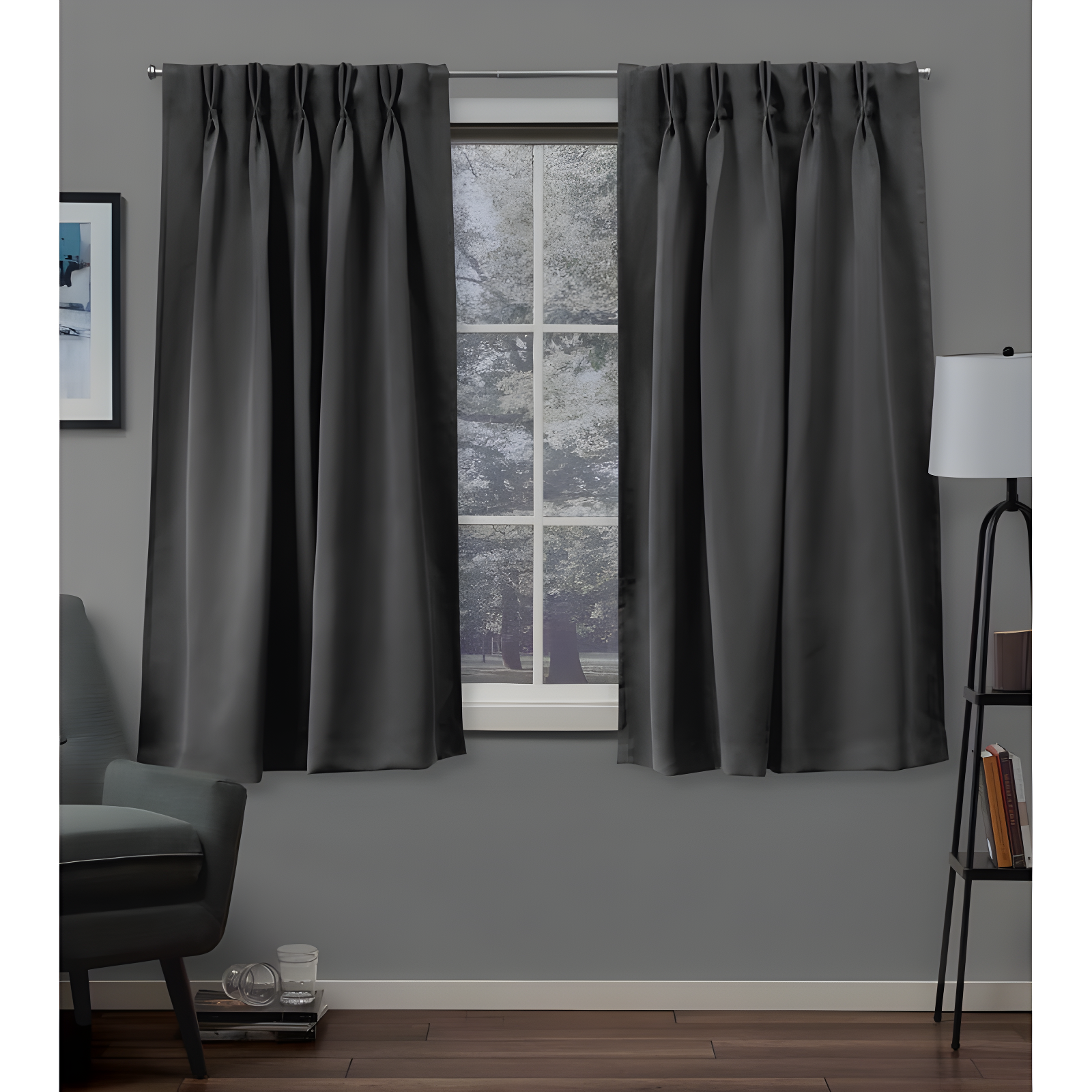 Charcoal Polyester Blackout Pinch Pleat Window Curtain Panels