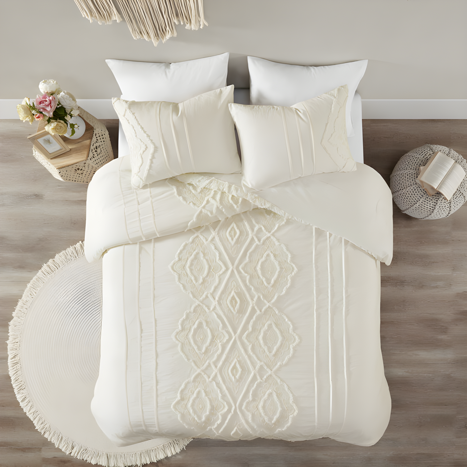 Off-White Cotton Chenille Queen Duvet Cover Set